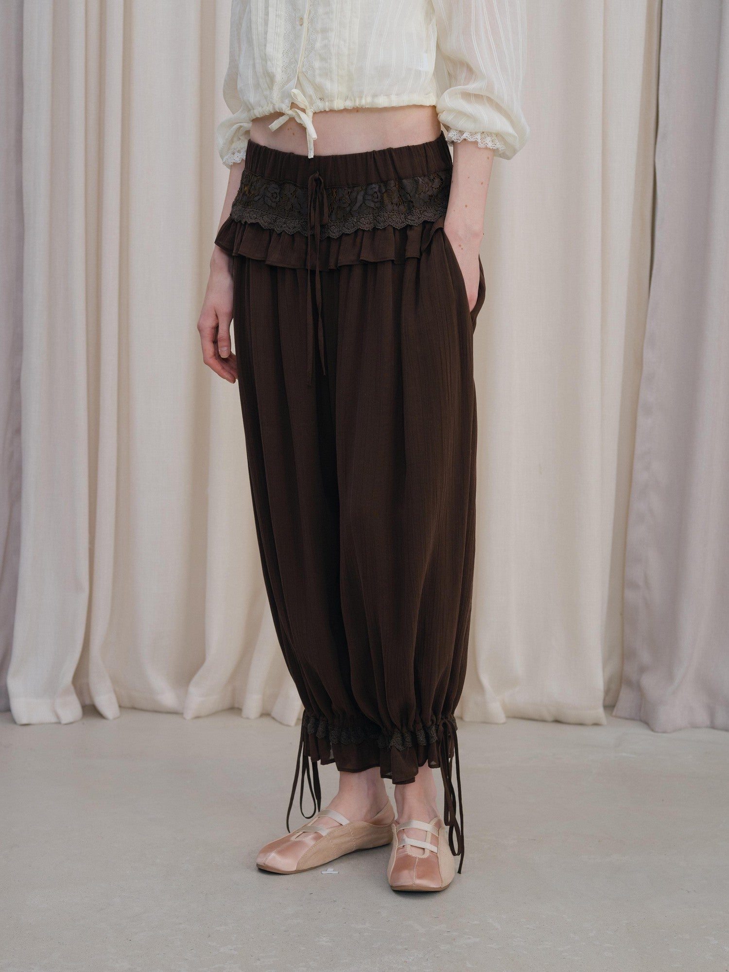 DKZ OFFICIAL Coffee Vintage Lace Patchwork Pleated Loose Cuffed Women&