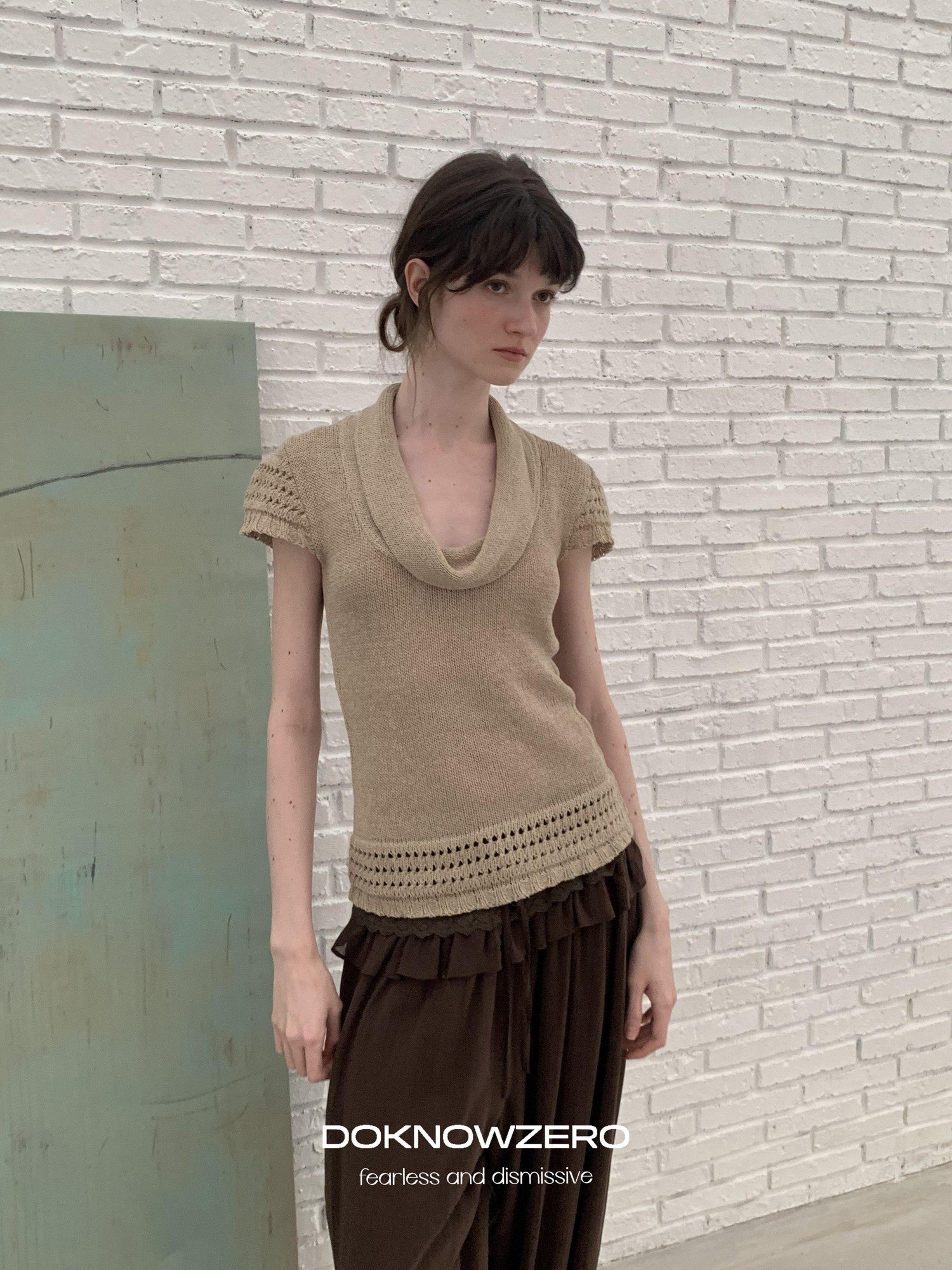 DKZ OFFICIAL Coffee Vintage Lace Patchwork Pleated Loose Cuffed Women&