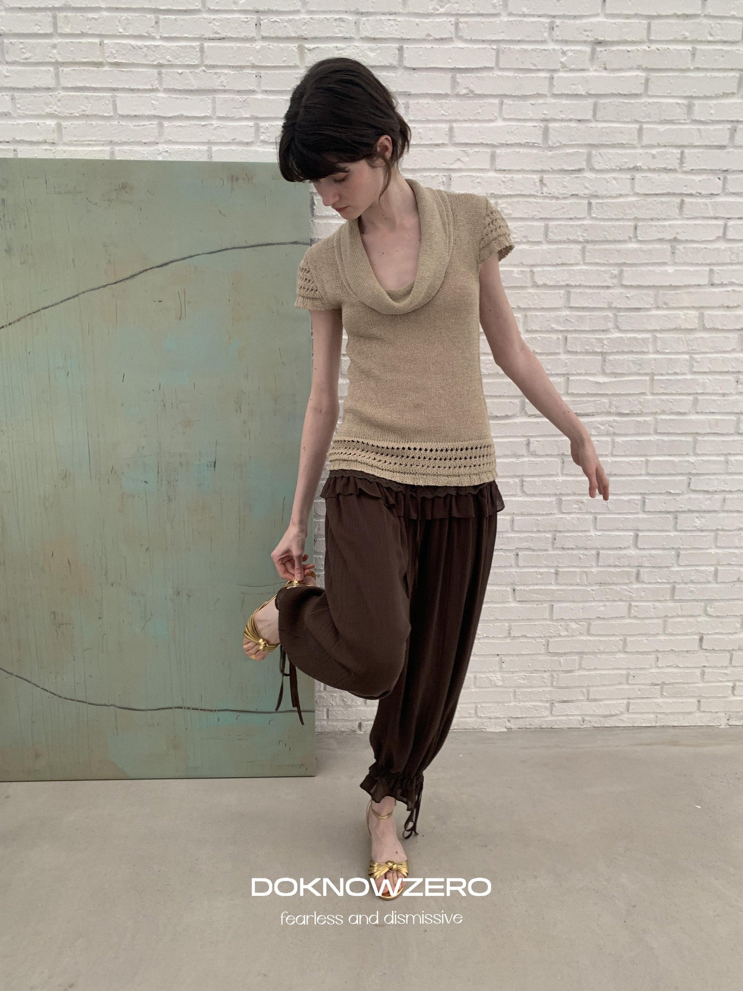 DKZ OFFICIAL Coffee Vintage Lace Patchwork Pleated Loose Cuffed Women&