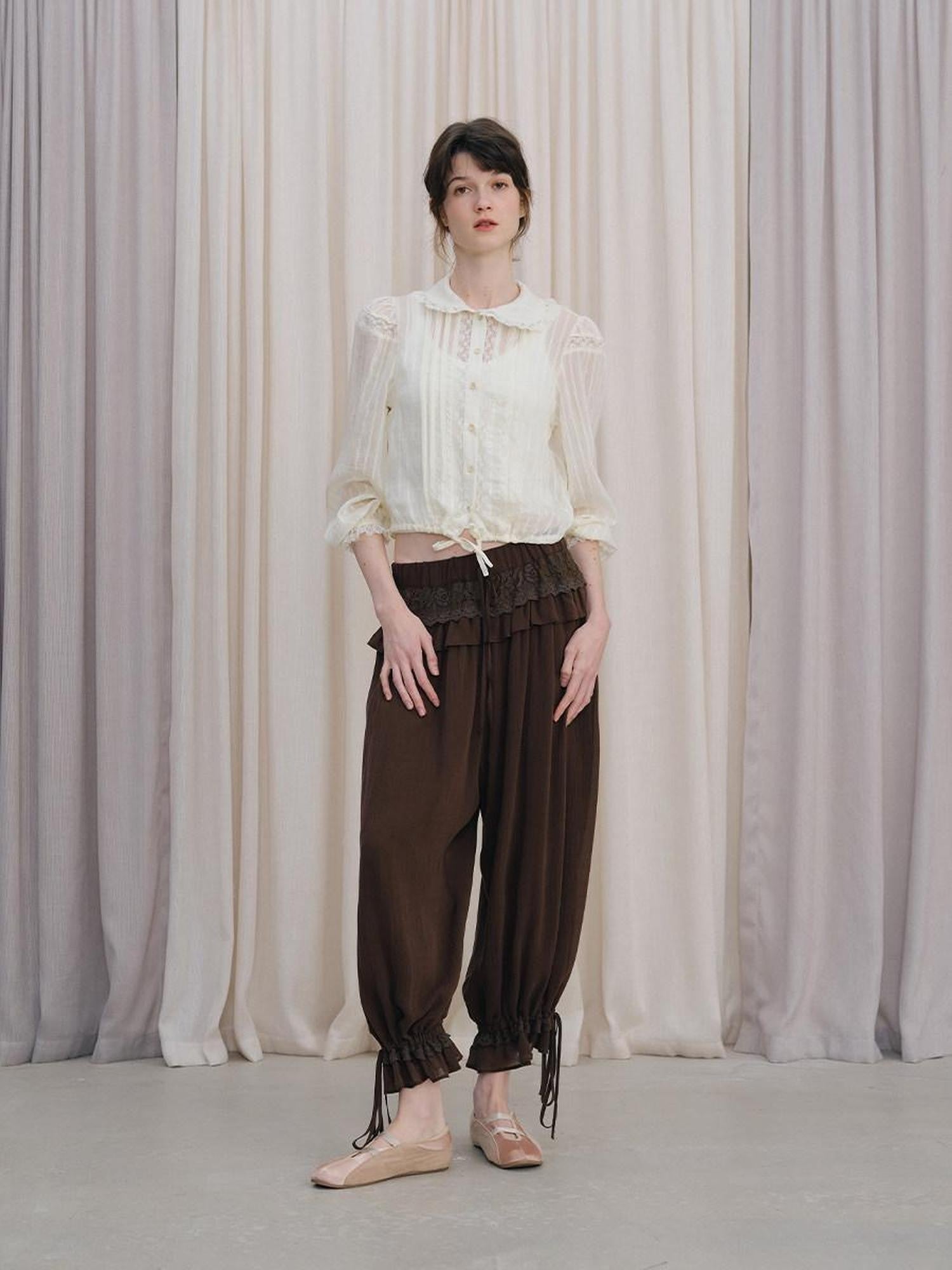 DKZ OFFICIAL Coffee Vintage Lace Patchwork Pleated Loose Cuffed Women&
