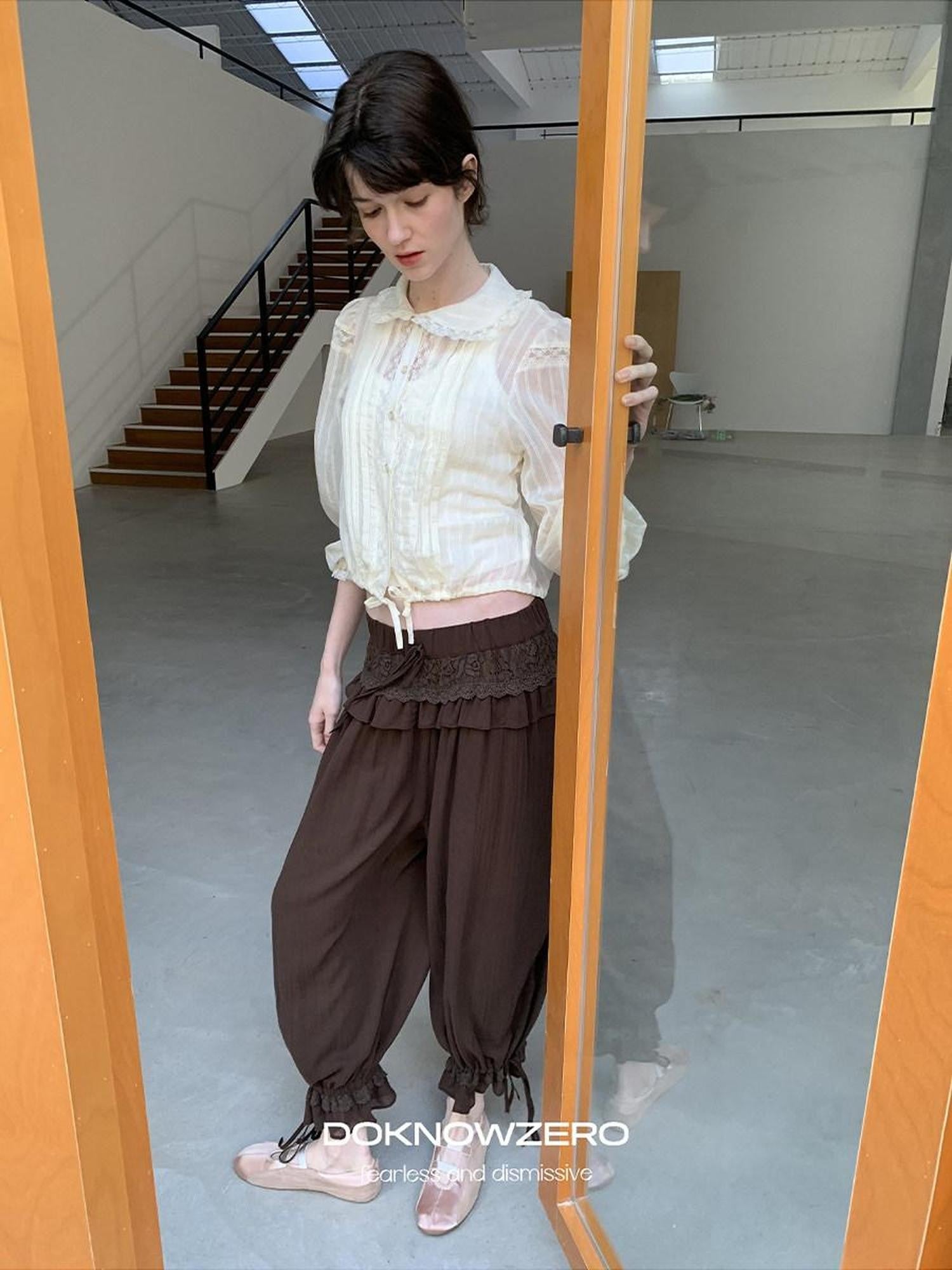 DKZ OFFICIAL Coffee Vintage Lace Patchwork Pleated Loose Cuffed Women&