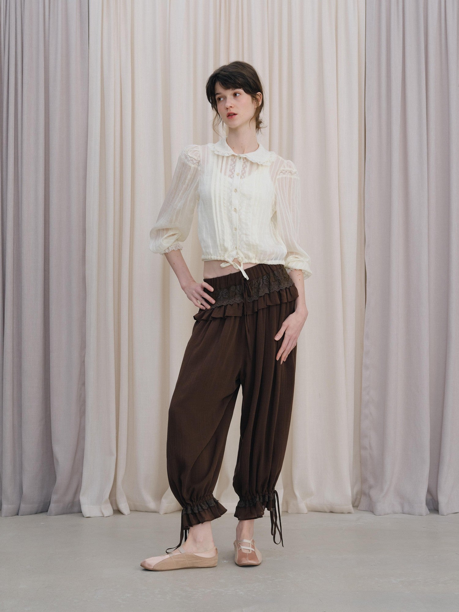 DKZ OFFICIAL Coffee Vintage Lace Patchwork Pleated Loose Cuffed Women&
