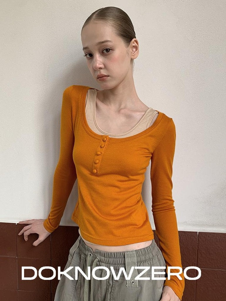 DKZ OFFICIAL Color Block Patchwork Fake Two Piece U Neck Women&