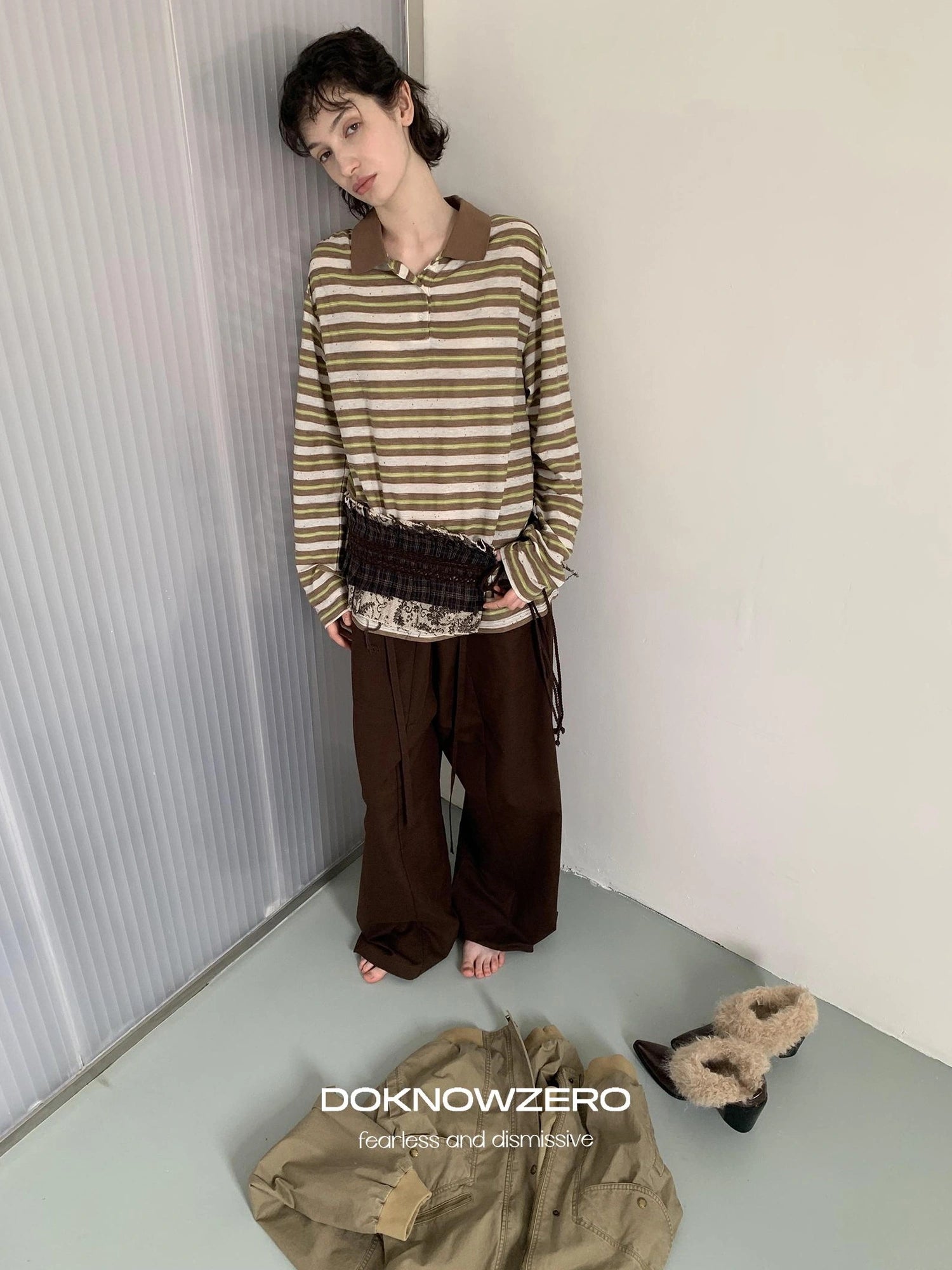 DKZ OFFICIAL Color Block Stripe Polo Collar Long Sleeve T-Shirt