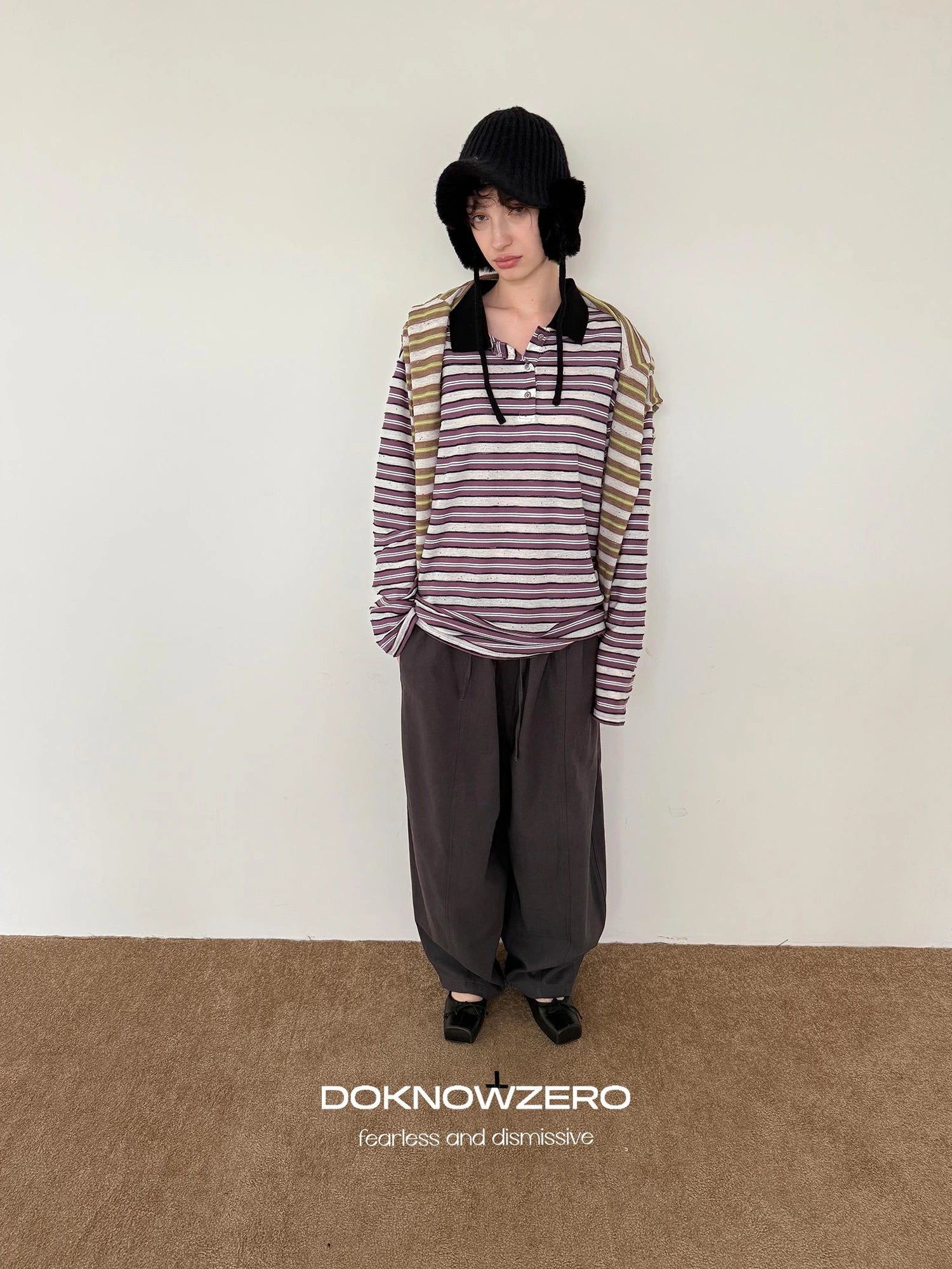 DKZ OFFICIAL Color Block Stripe Polo Collar Long Sleeve T-Shirt