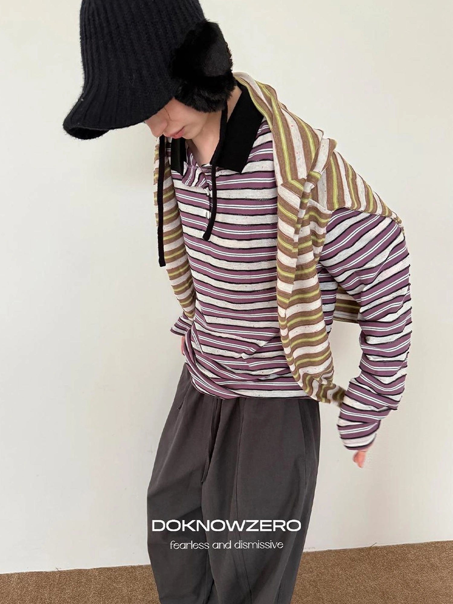 DKZ OFFICIAL Color Block Stripe Polo Collar Long Sleeve T-Shirt