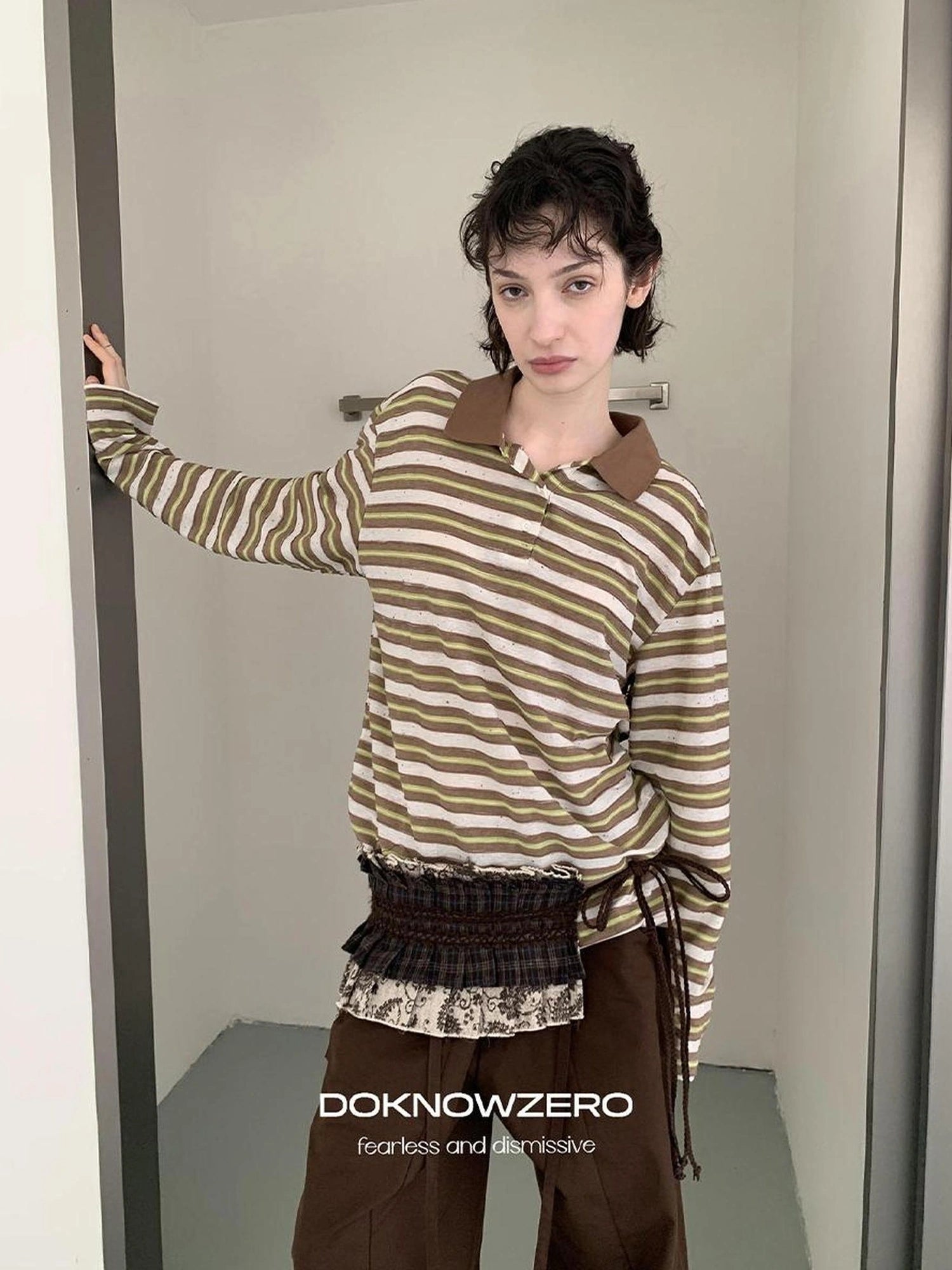 DKZ OFFICIAL Color Block Stripe Polo Collar Long Sleeve T-Shirt
