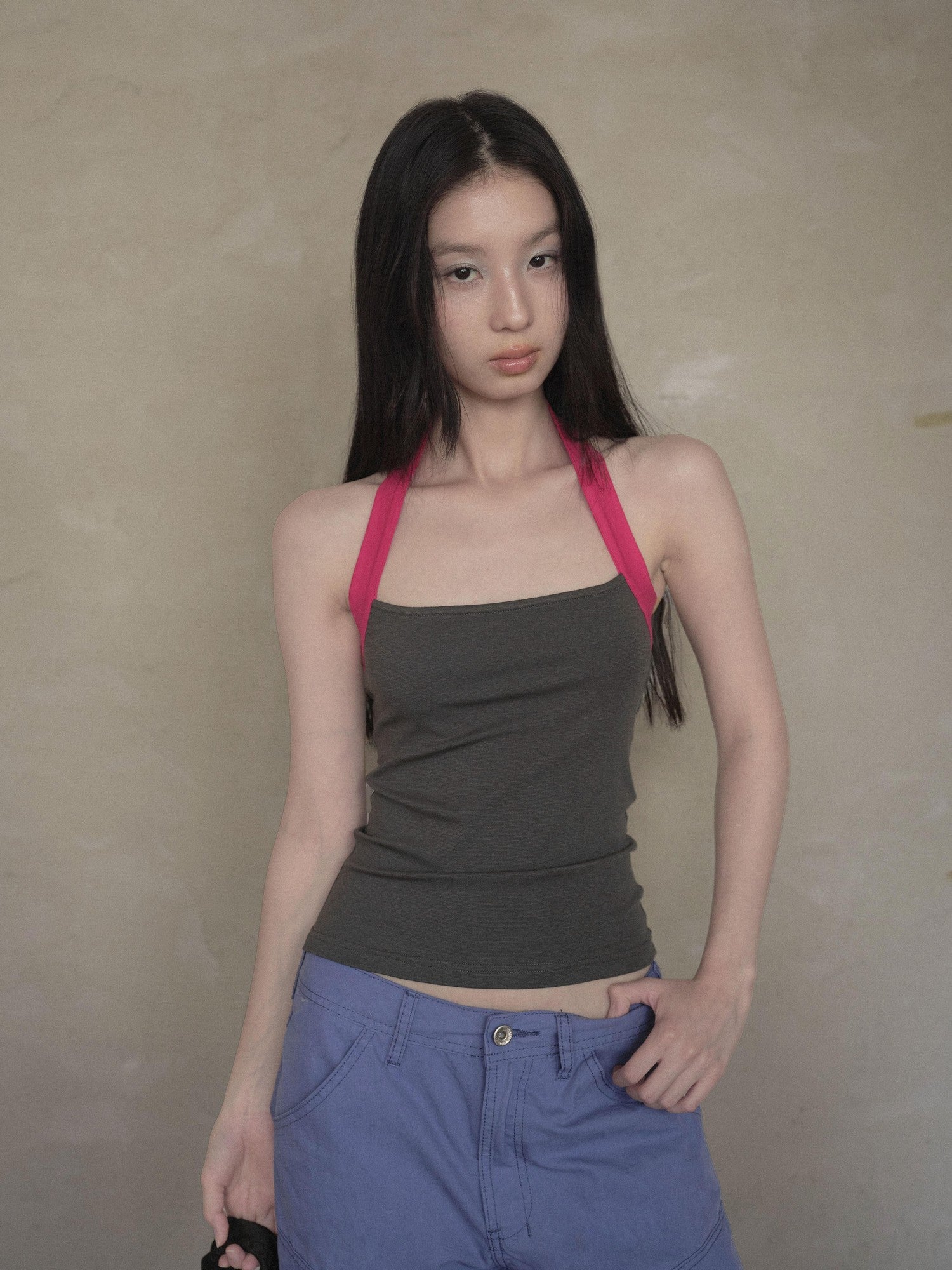 DKZ OFFICIAL Colorblock Halter Webbing Strap Square Neck Slim Women&