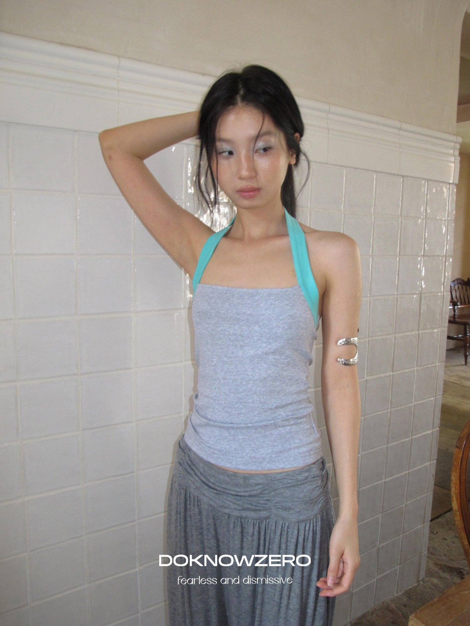 DKZ OFFICIAL Colorblock Halter Webbing Strap Square Neck Slim Women&