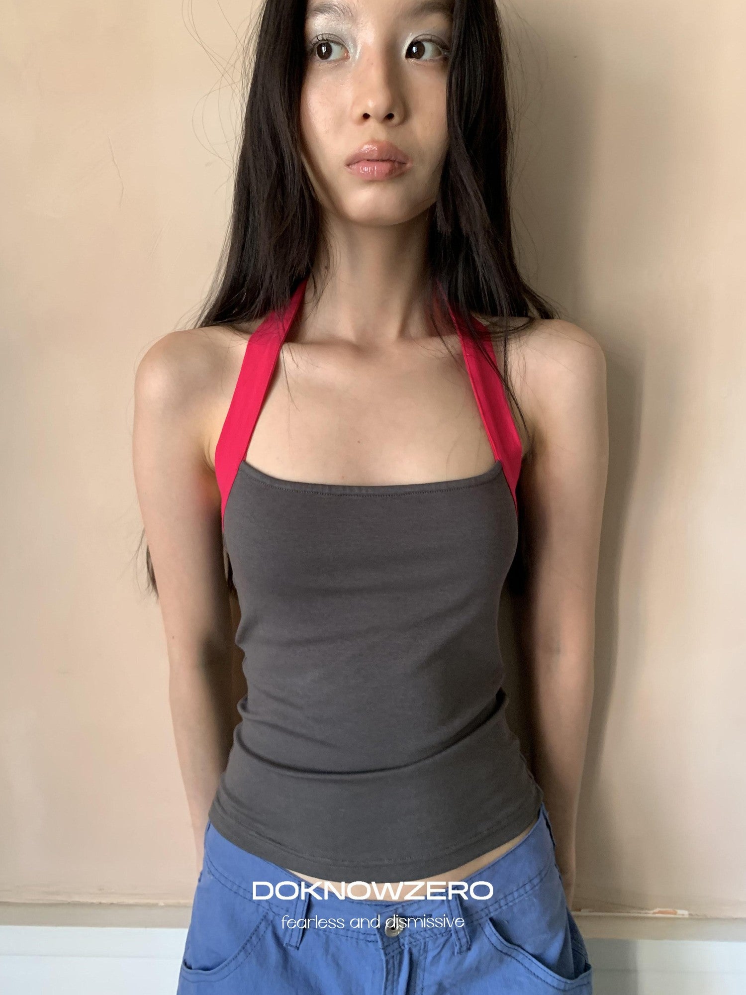 DKZ OFFICIAL Colorblock Halter Webbing Strap Square Neck Slim Women&