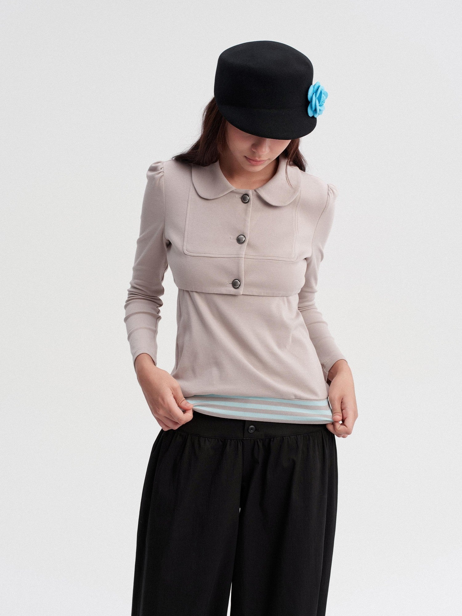 DKZ OFFICIAL Cropped Doll Collar Striped Two Piece Women&