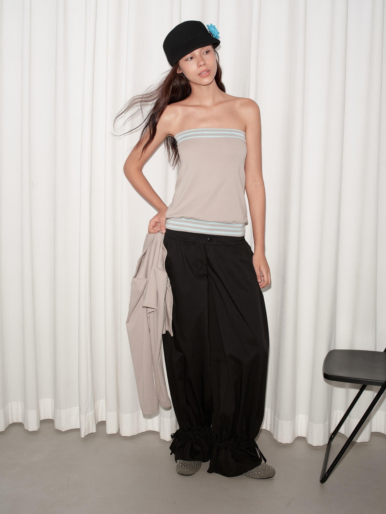 DKZ OFFICIAL Cropped Doll Collar Striped Two Piece Women&