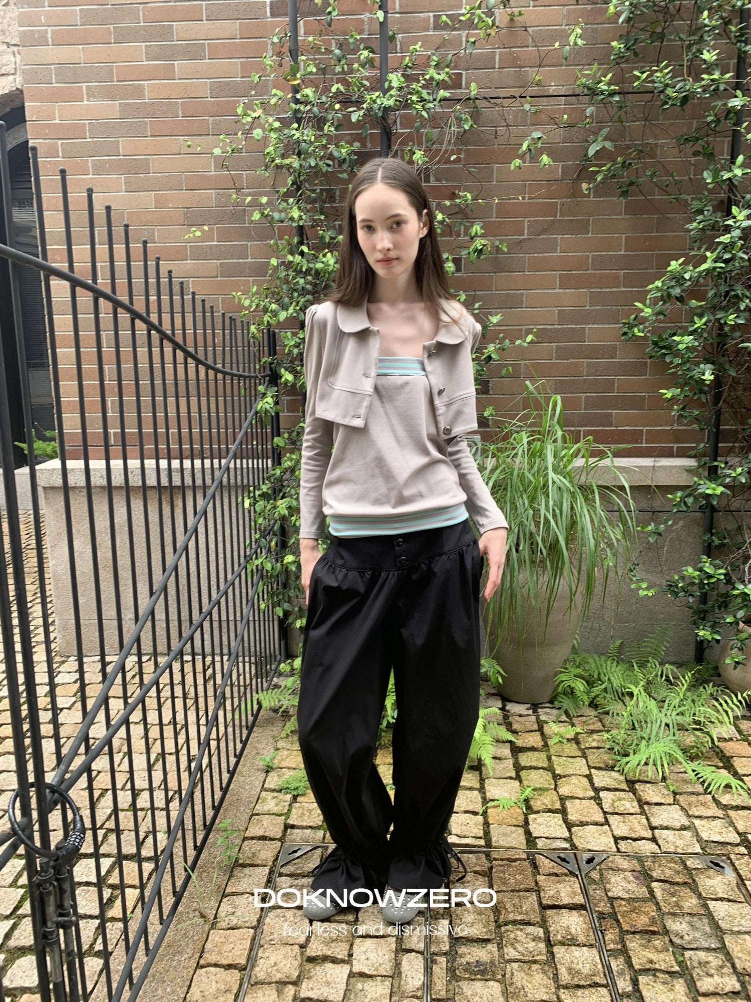 DKZ OFFICIAL Cropped Doll Collar Striped Two Piece Women&