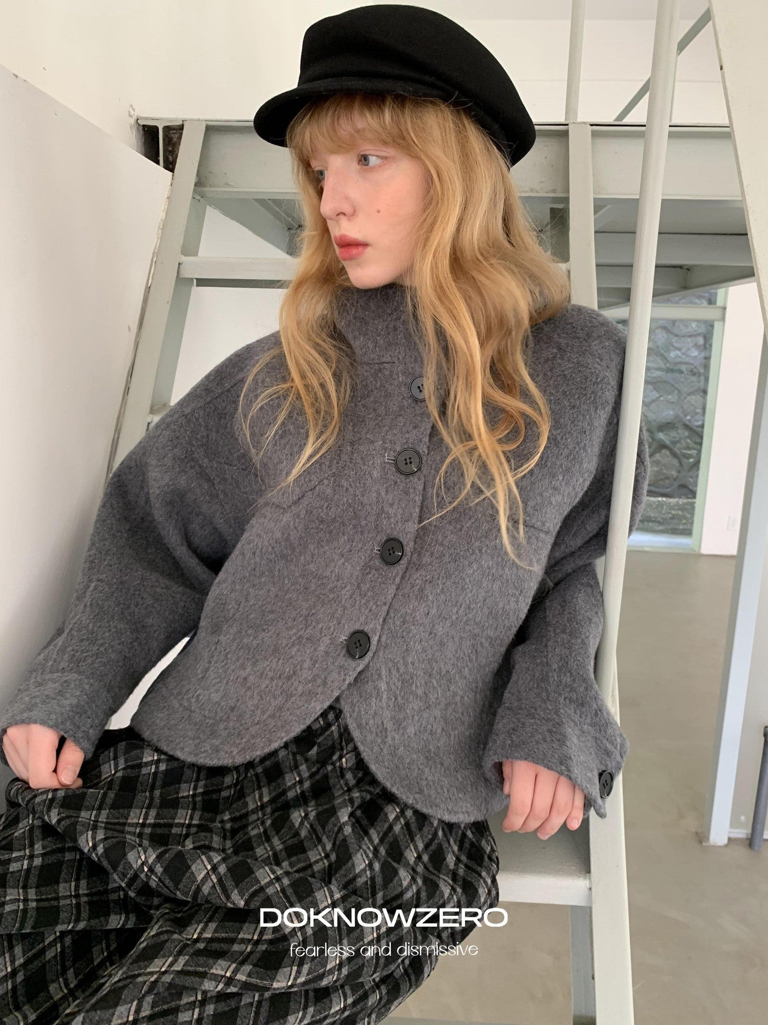 DKZ OFFICIAL Cropped Stand Collar Double Faced Waist Cinch Women&