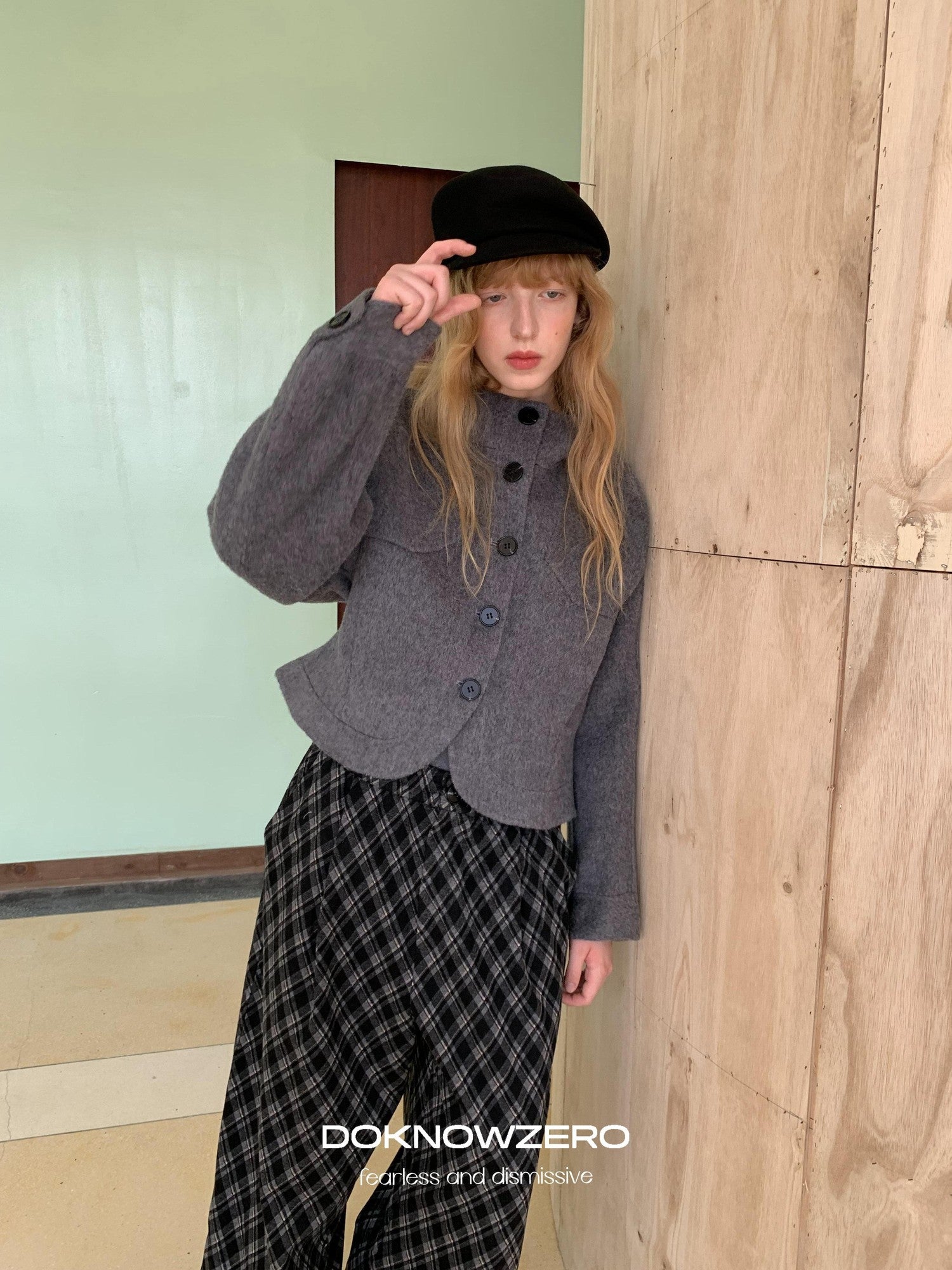 DKZ OFFICIAL Cropped Stand Collar Double Faced Waist Cinch Women&