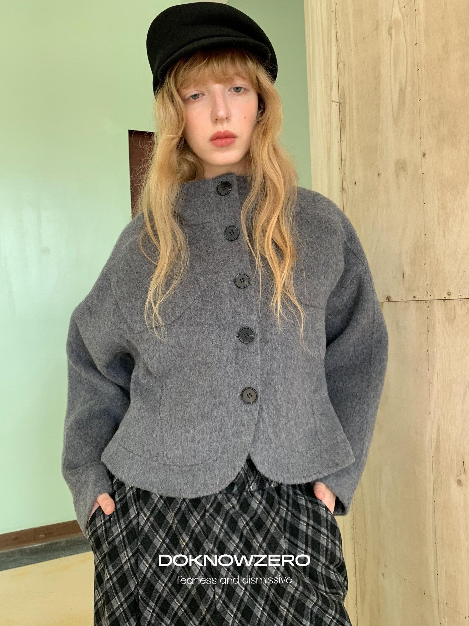 DKZ OFFICIAL Cropped Stand Collar Double Faced Waist Cinch Women&