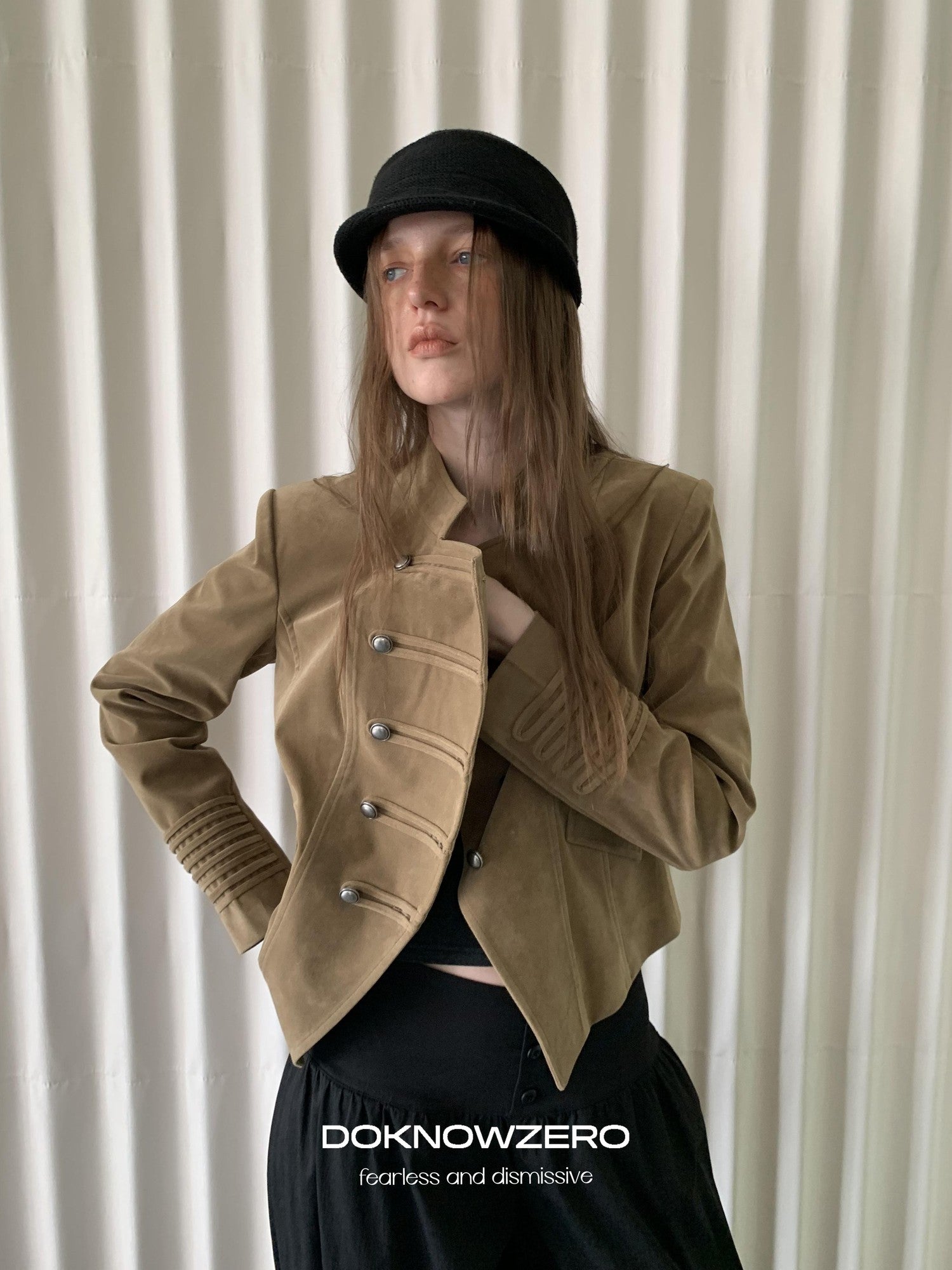 DKZ OFFICIAL Cropped Vintage Napoleon Cut Double Breasted Biker Women&