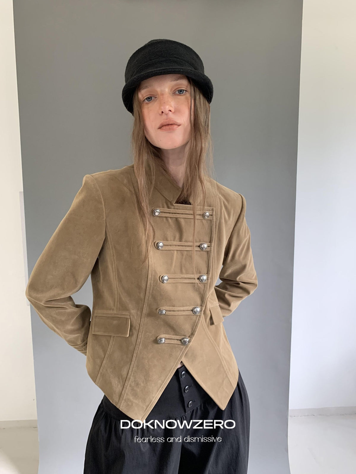 DKZ OFFICIAL Cropped Vintage Napoleon Cut Double Breasted Biker Women&
