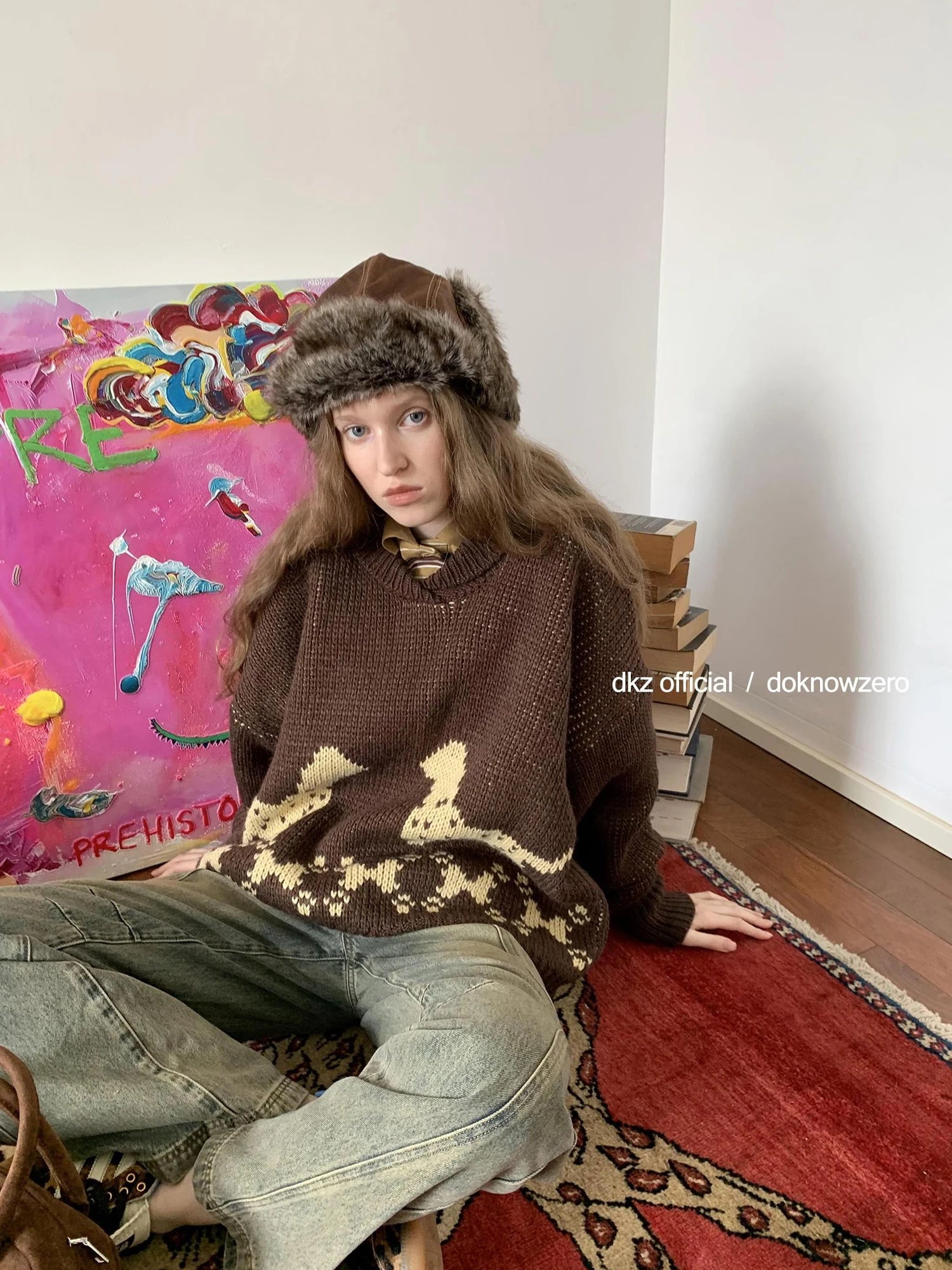 DKZ OFFICIAL Dachshund Embroidered Knit Sweater Loose Fit Retro Autumn