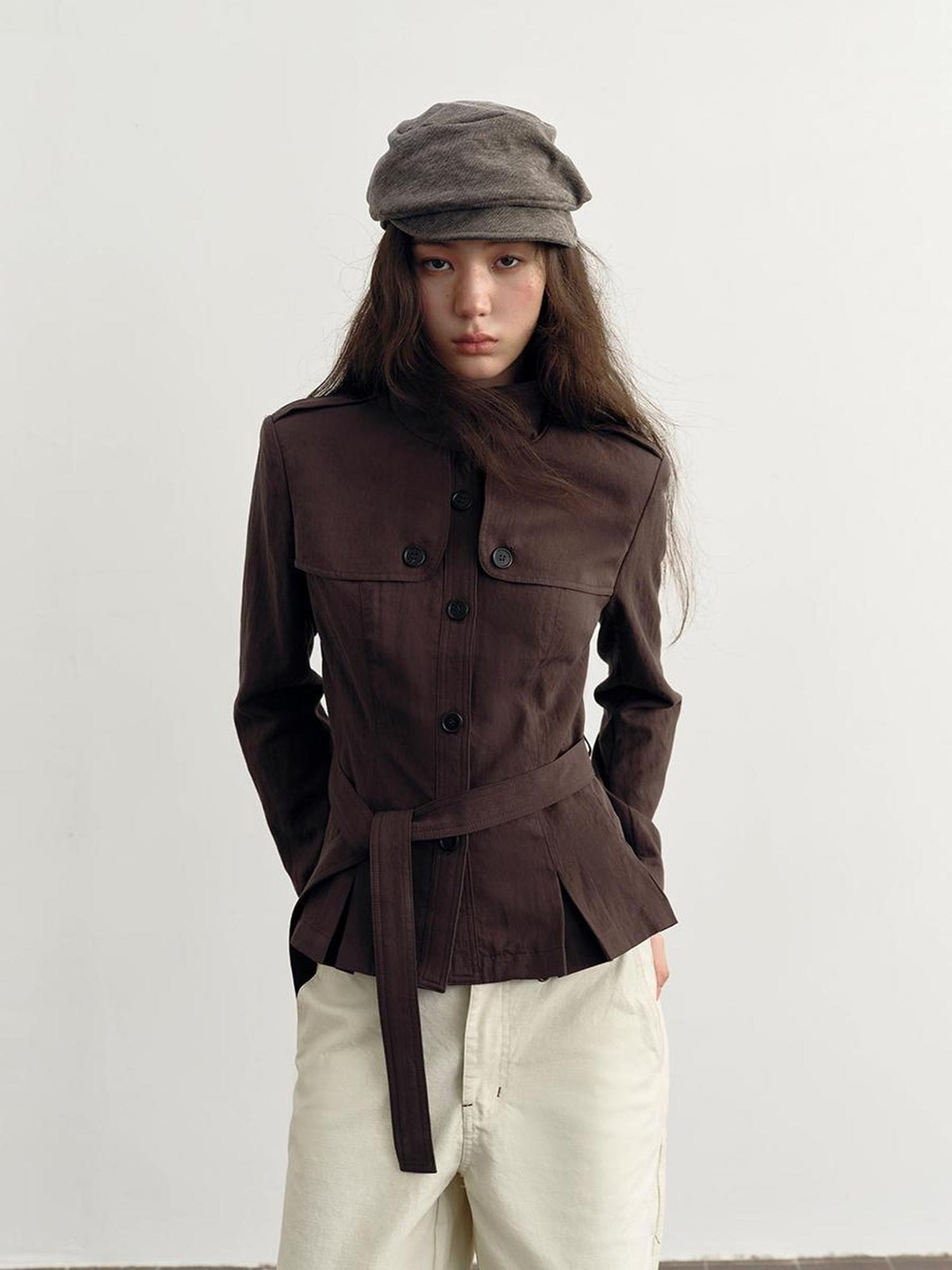 DKZ OFFICIAL Dark Brown Stand Collar Cropped Waist Cinched Women&