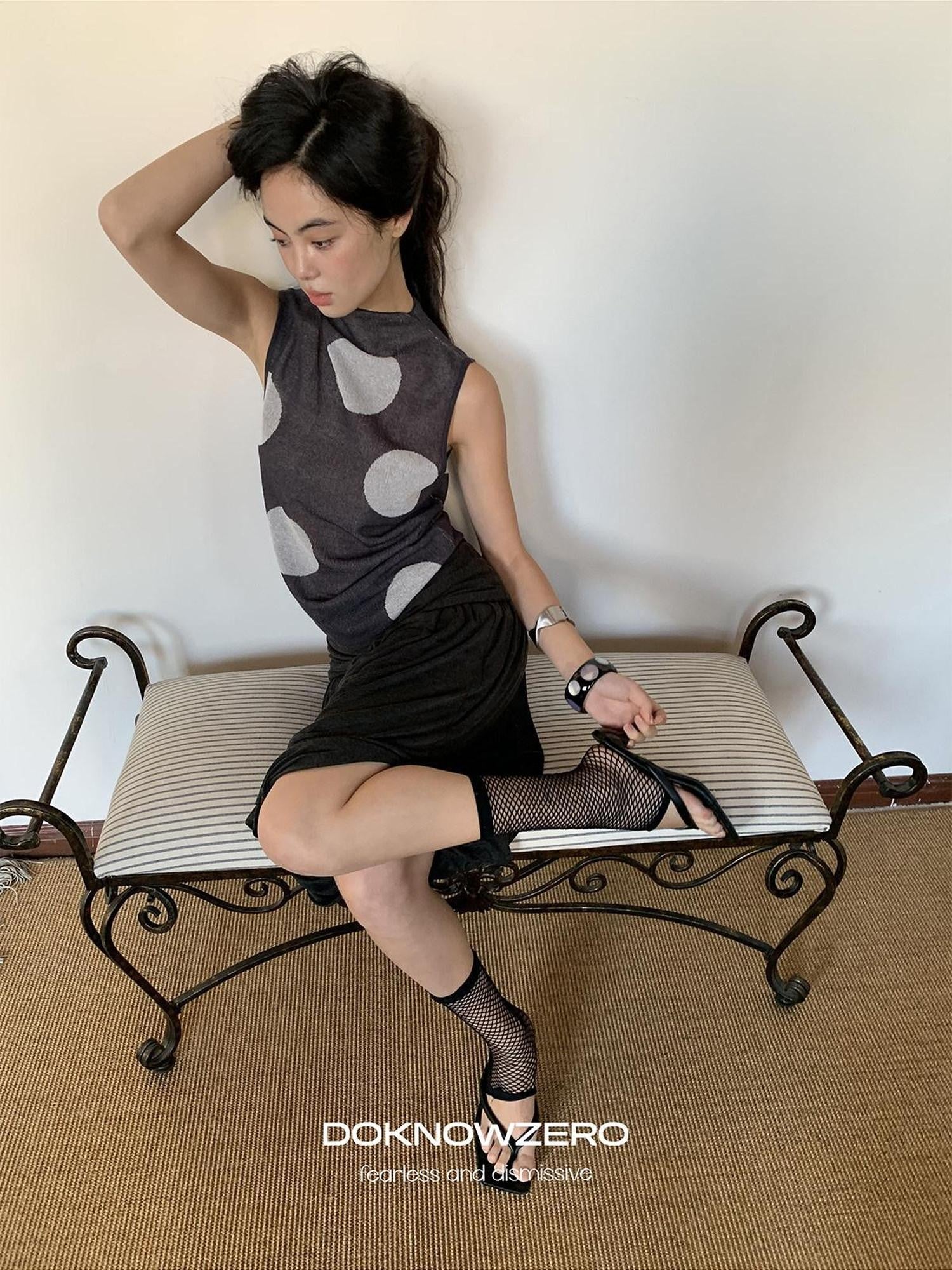 DKZ OFFICIAL Dark Gray Retro Polka Dot Slim Knit Racerback Women&