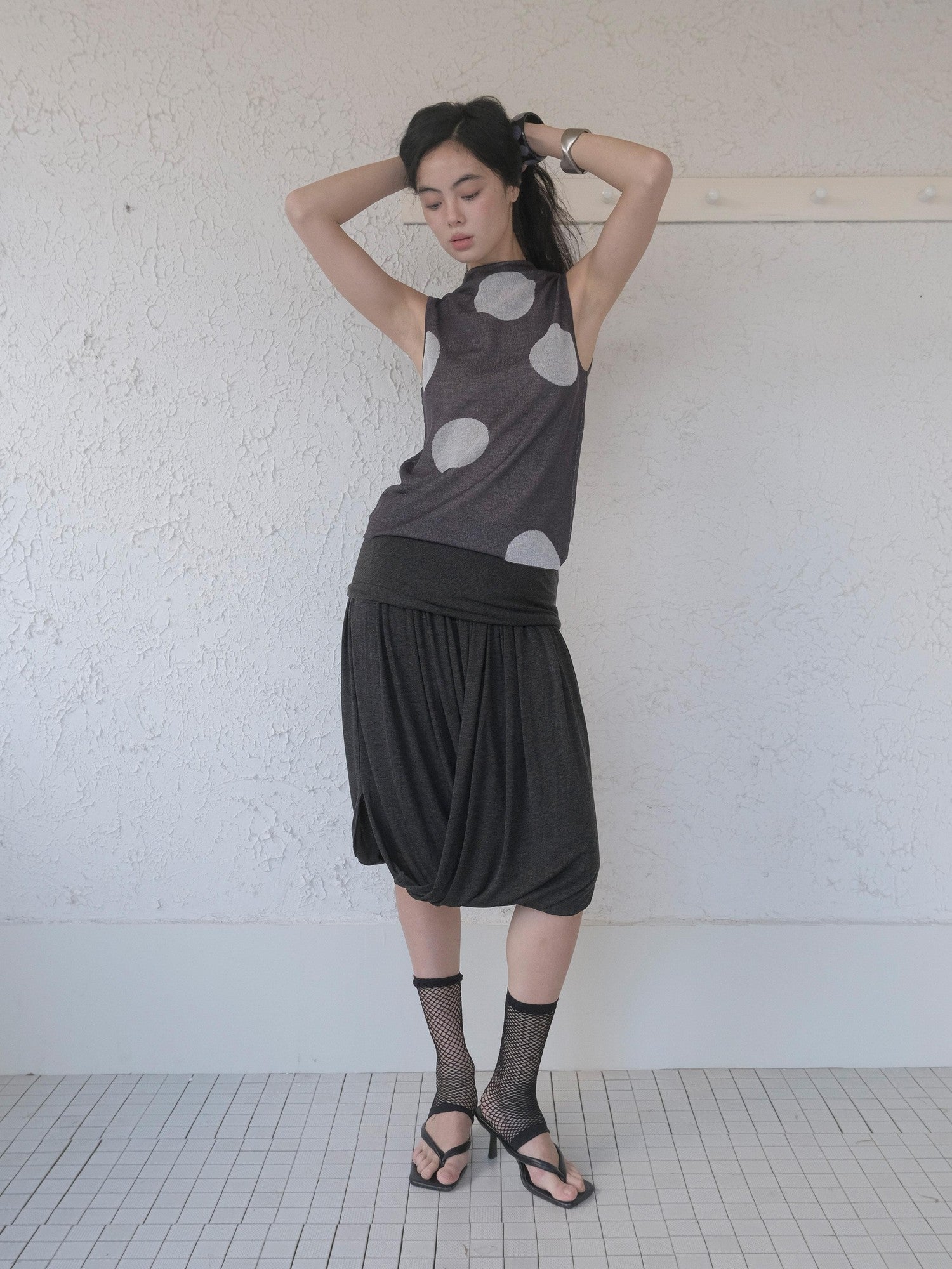 DKZ OFFICIAL Dark Gray Retro Polka Dot Slim Knit Racerback Women&