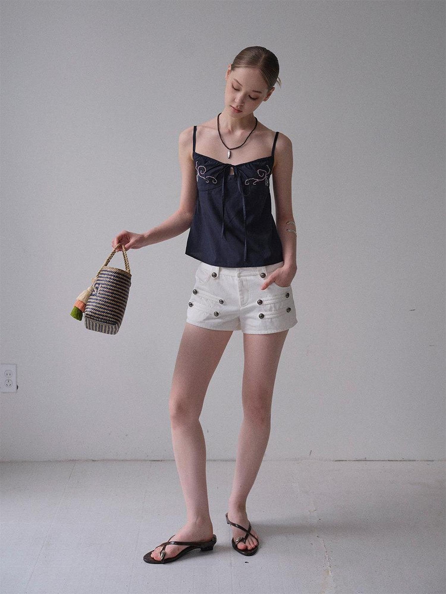DKZ OFFICIAL Deep Blue Beaded Embroidered V-neck Short Straight Women&