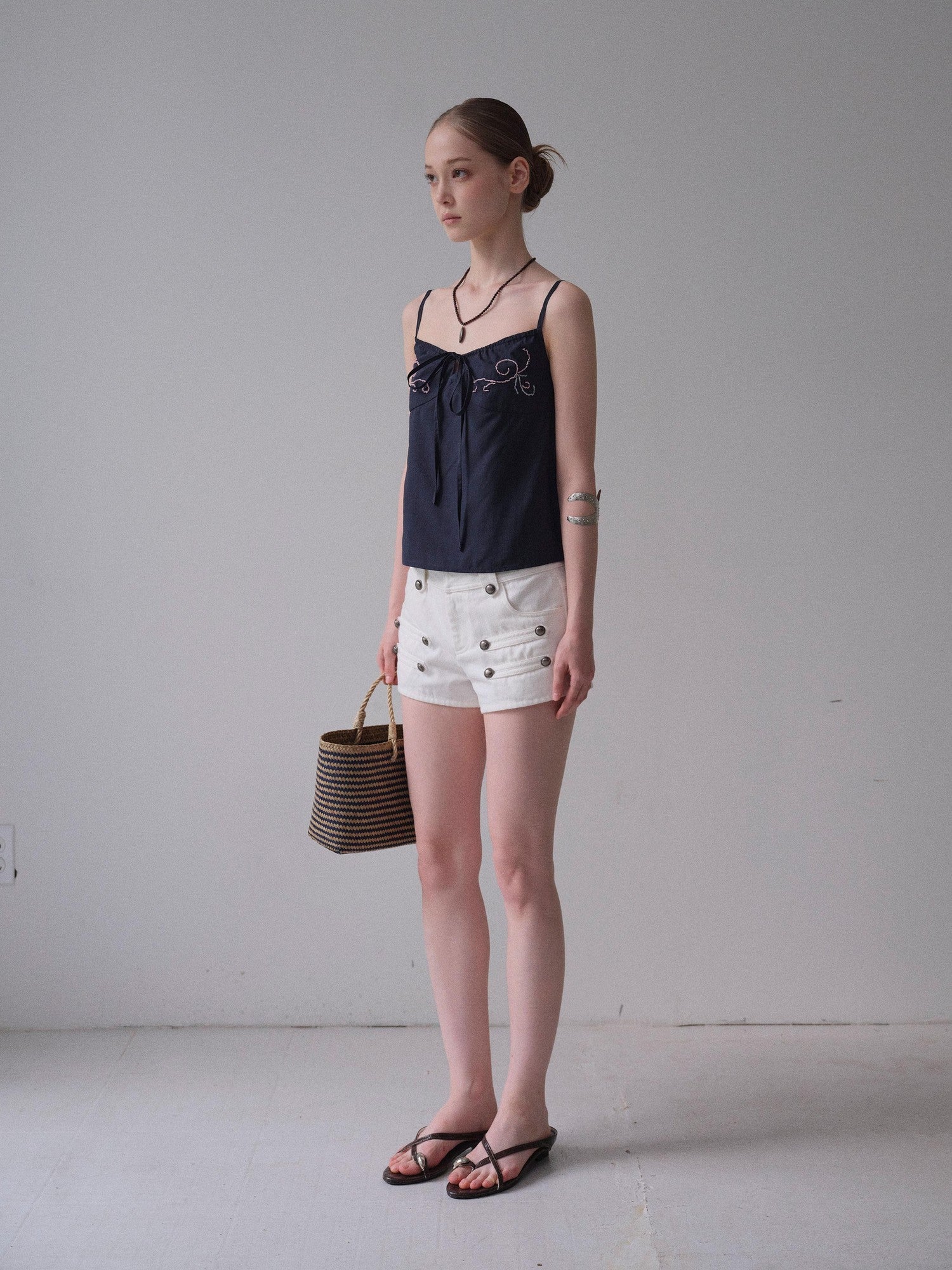 DKZ OFFICIAL Deep Blue Beaded Embroidered V-neck Short Straight Women&