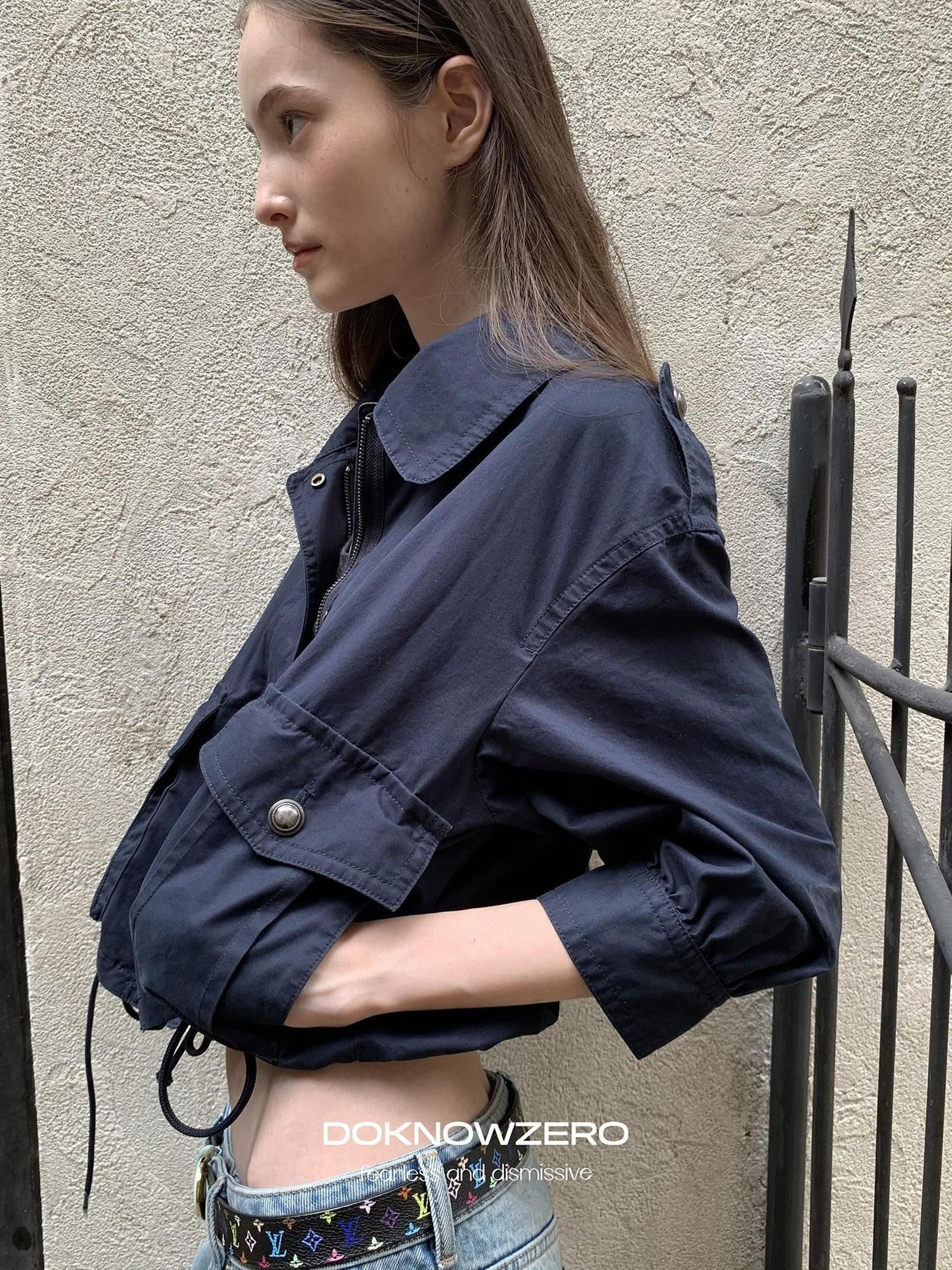 DKZ OFFICIAL Deep Blue Cropped Turn Collar Washed Drawstring Hem Women&