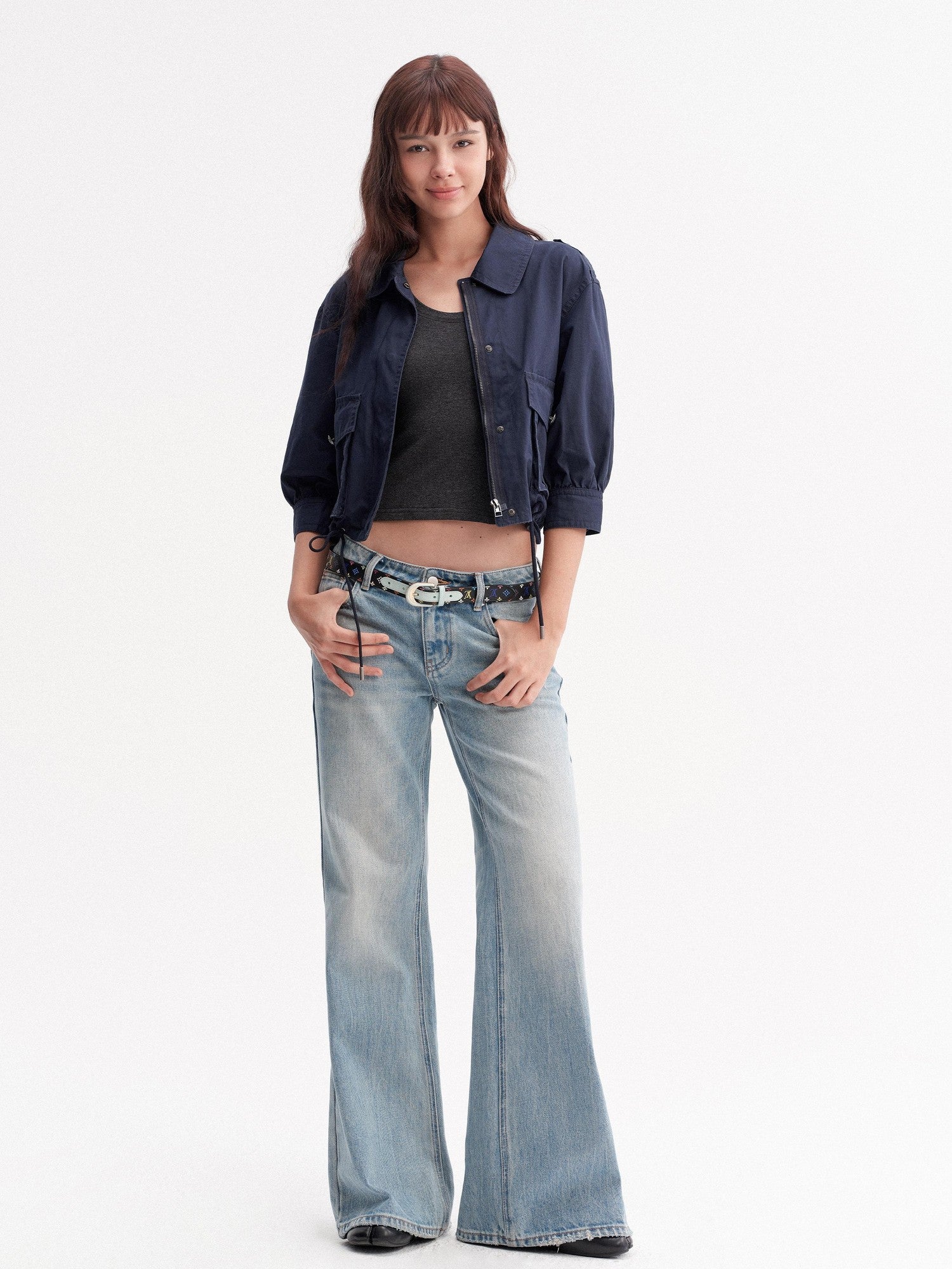 DKZ OFFICIAL Deep Blue Cropped Turn Collar Washed Drawstring Hem Women&