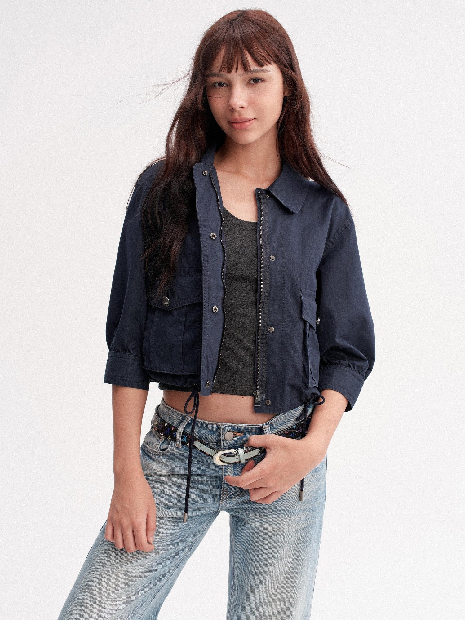 DKZ OFFICIAL Deep Blue Cropped Turn Collar Washed Drawstring Hem Women&
