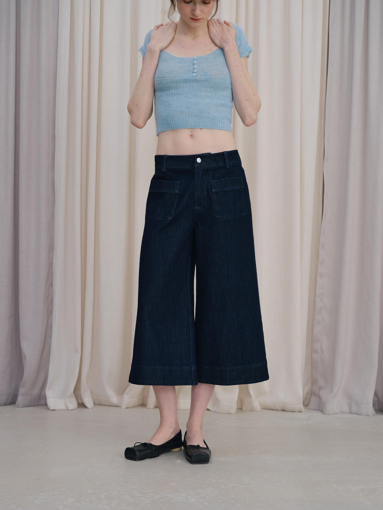 DKZ OFFICIAL Deep Blue Cropped Vintage Micro Flare Loose Button Pocket Women&