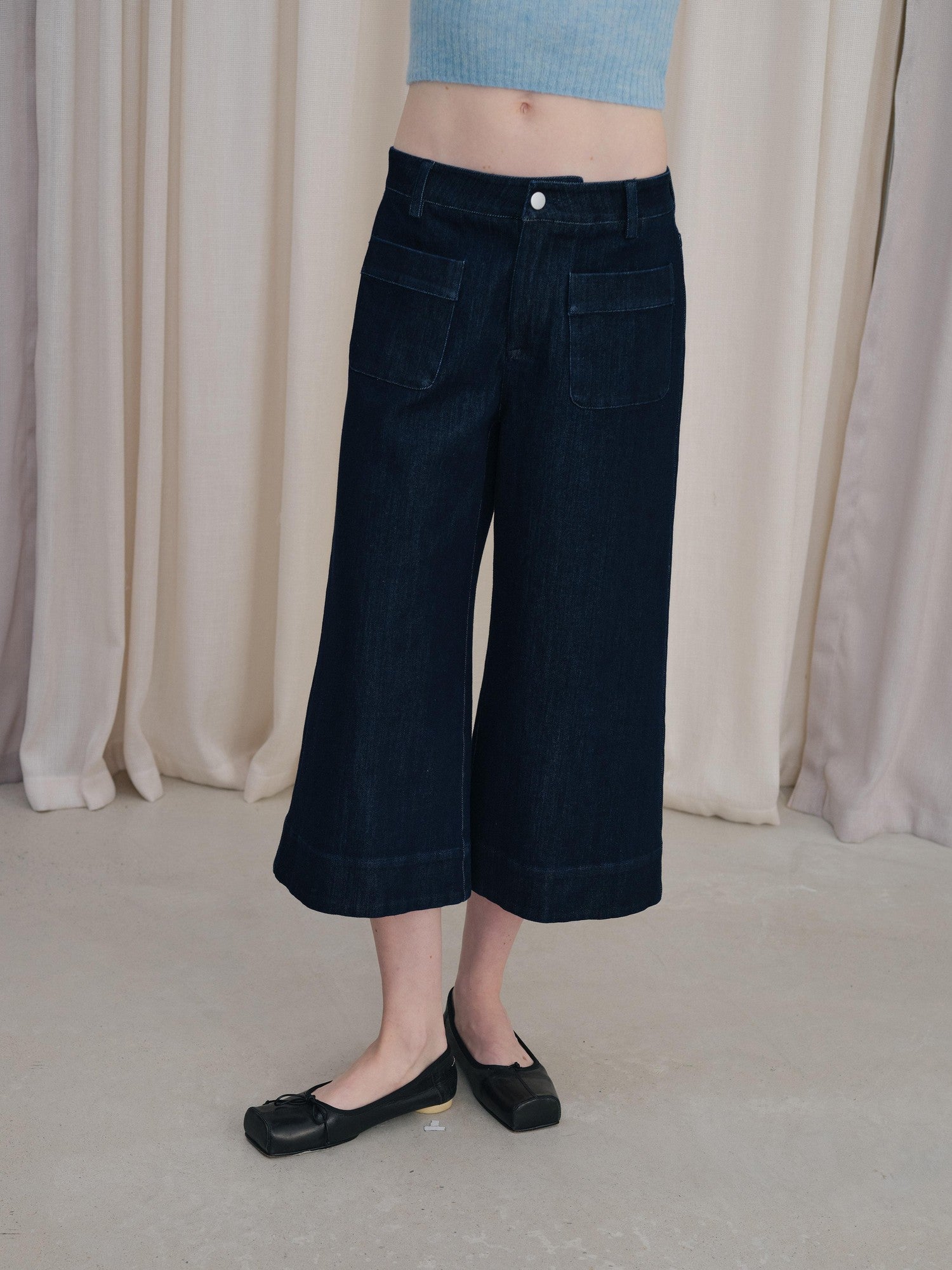 DKZ OFFICIAL Deep Blue Cropped Vintage Micro Flare Loose Button Pocket Women&