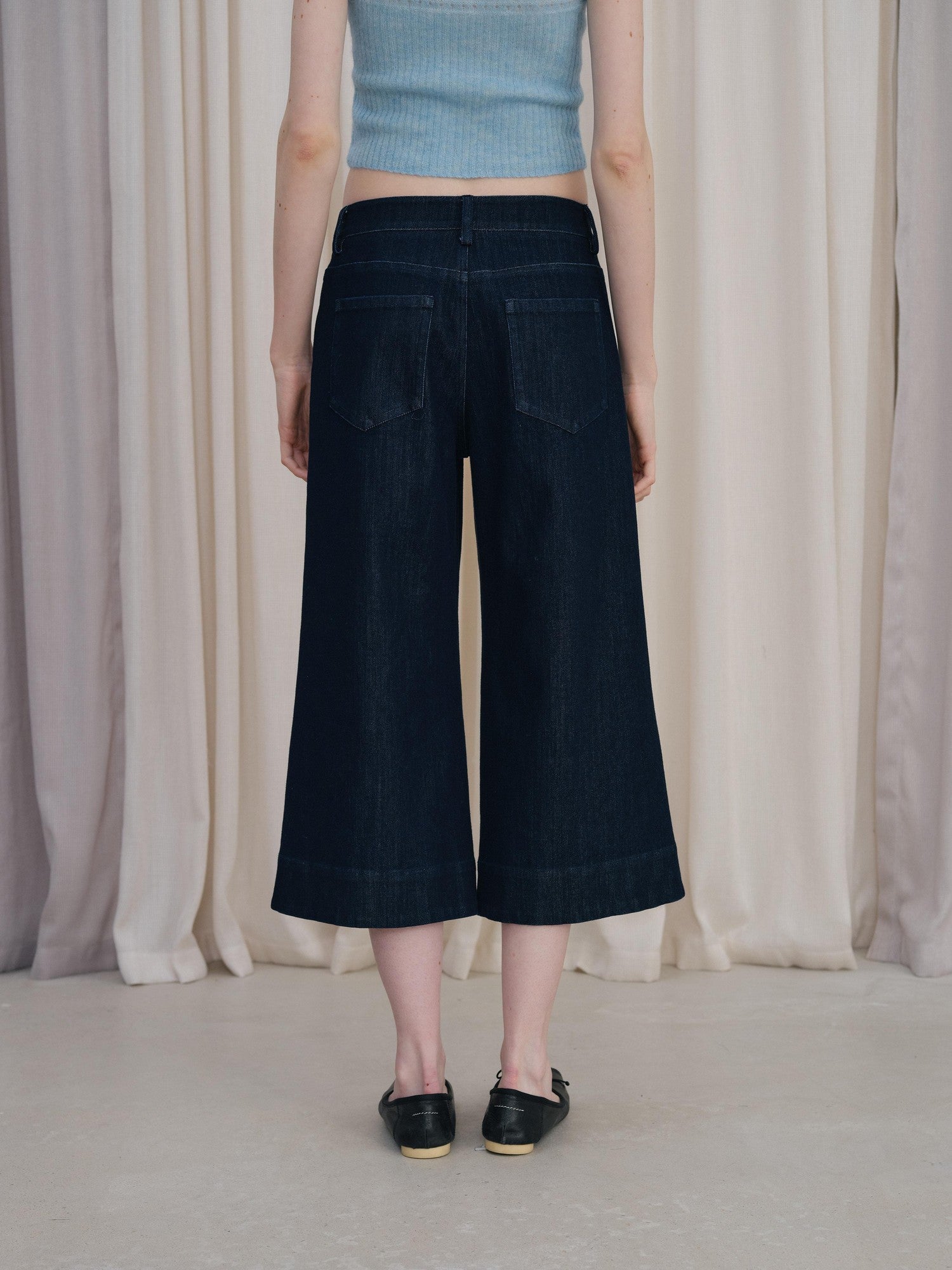 DKZ OFFICIAL Deep Blue Cropped Vintage Micro Flare Loose Button Pocket Women&