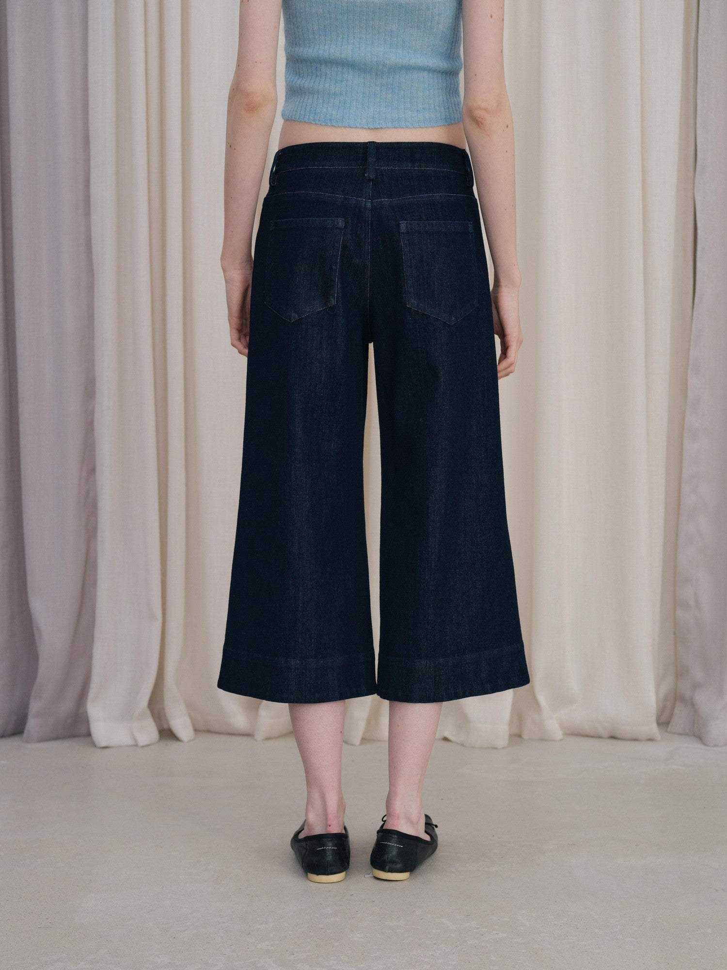 DKZ OFFICIAL Deep Blue Cropped Vintage Micro Flare Loose Button Pocket Women&