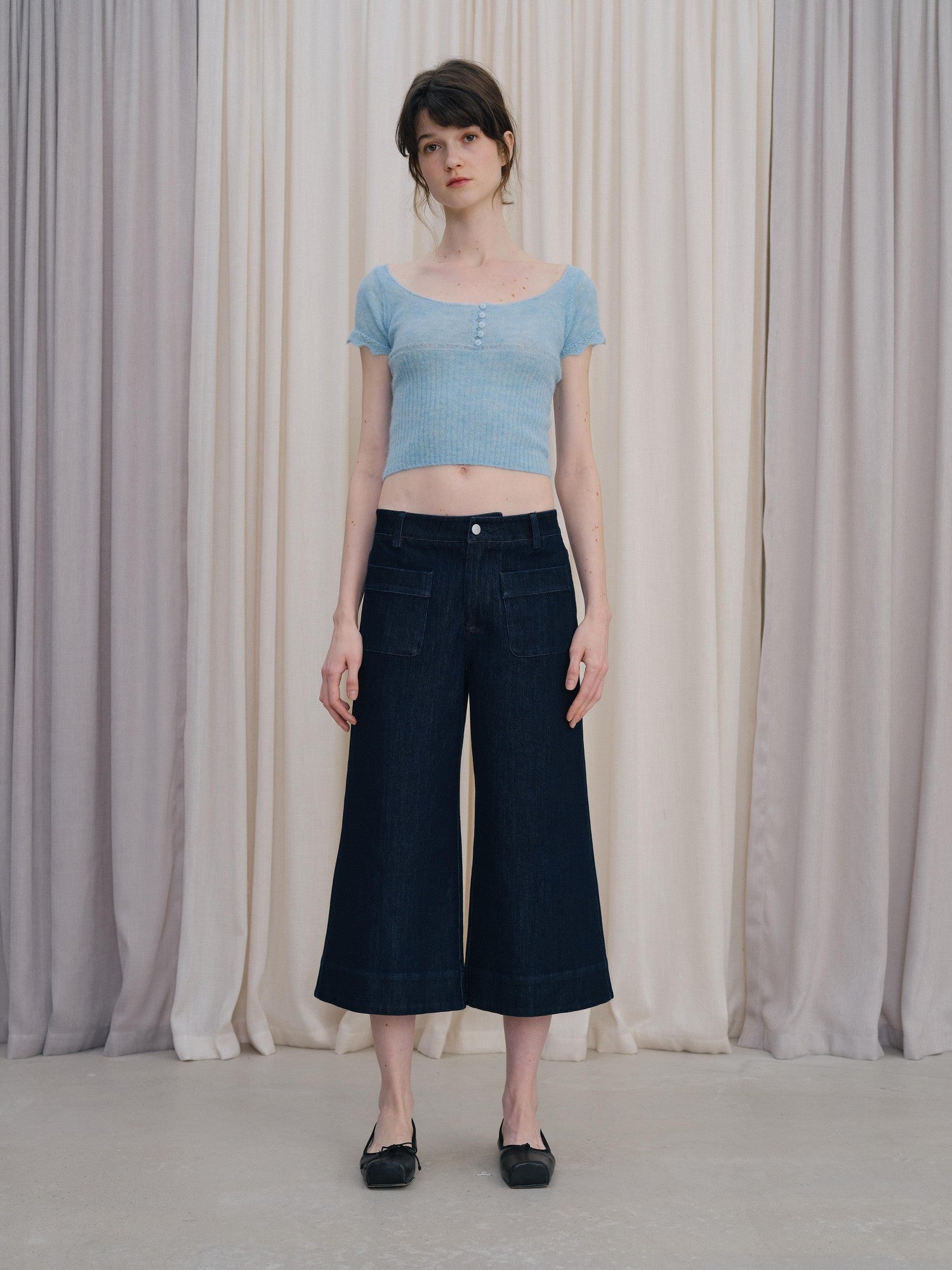 DKZ OFFICIAL Deep Blue Cropped Vintage Micro Flare Loose Button Pocket Women&