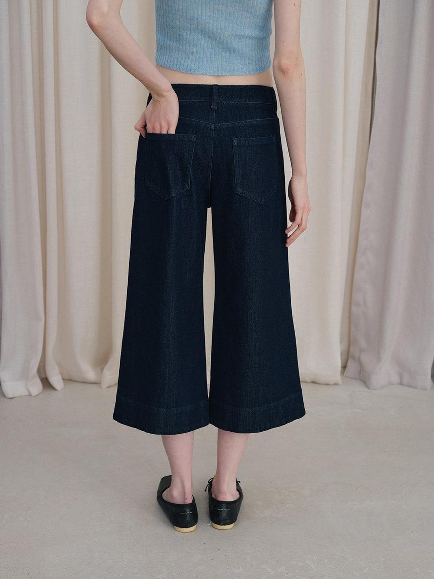DKZ OFFICIAL Deep Blue Cropped Vintage Micro Flare Loose Button Pocket Women&