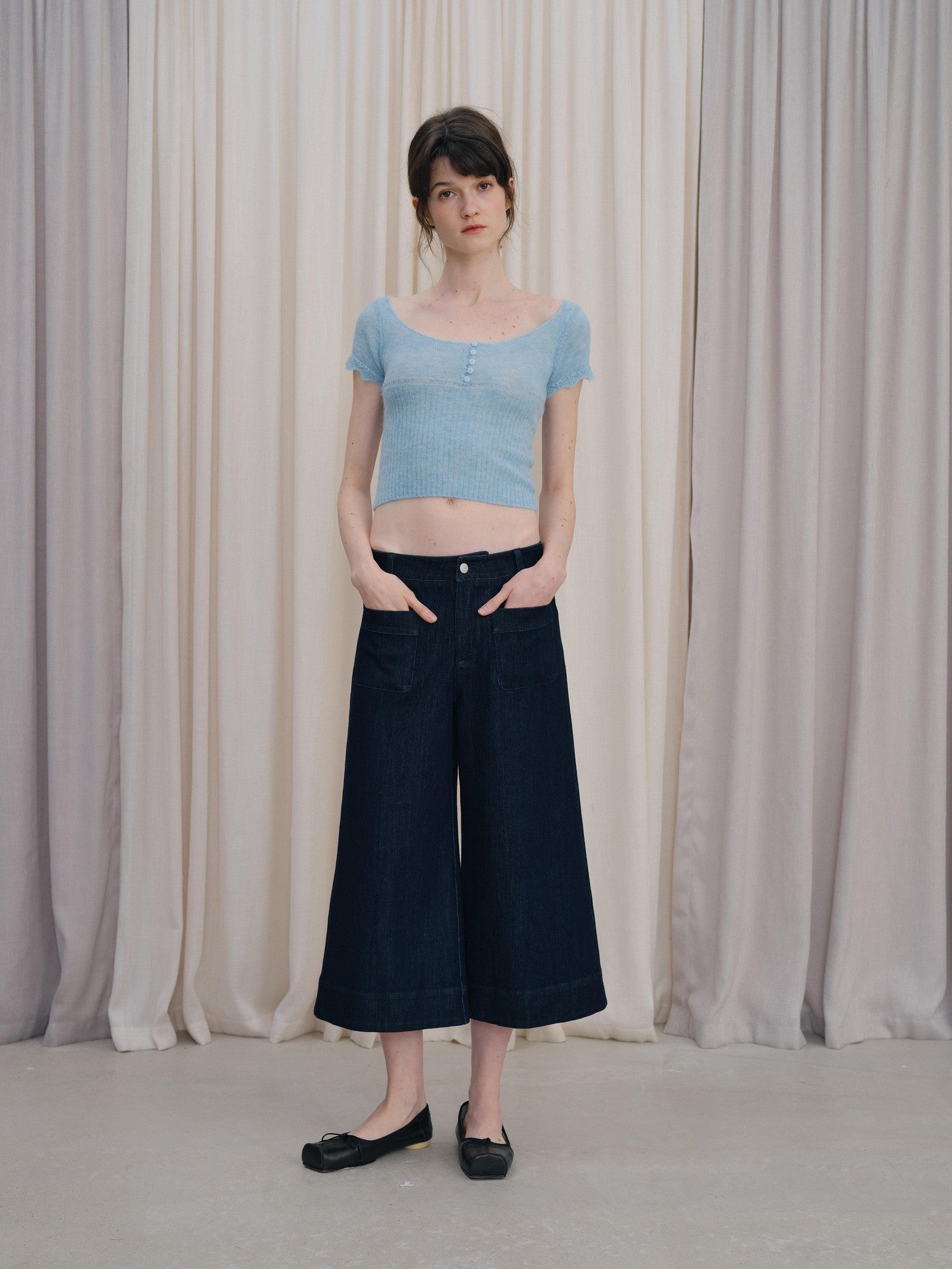 DKZ OFFICIAL Deep Blue Cropped Vintage Micro Flare Loose Button Pocket Women&