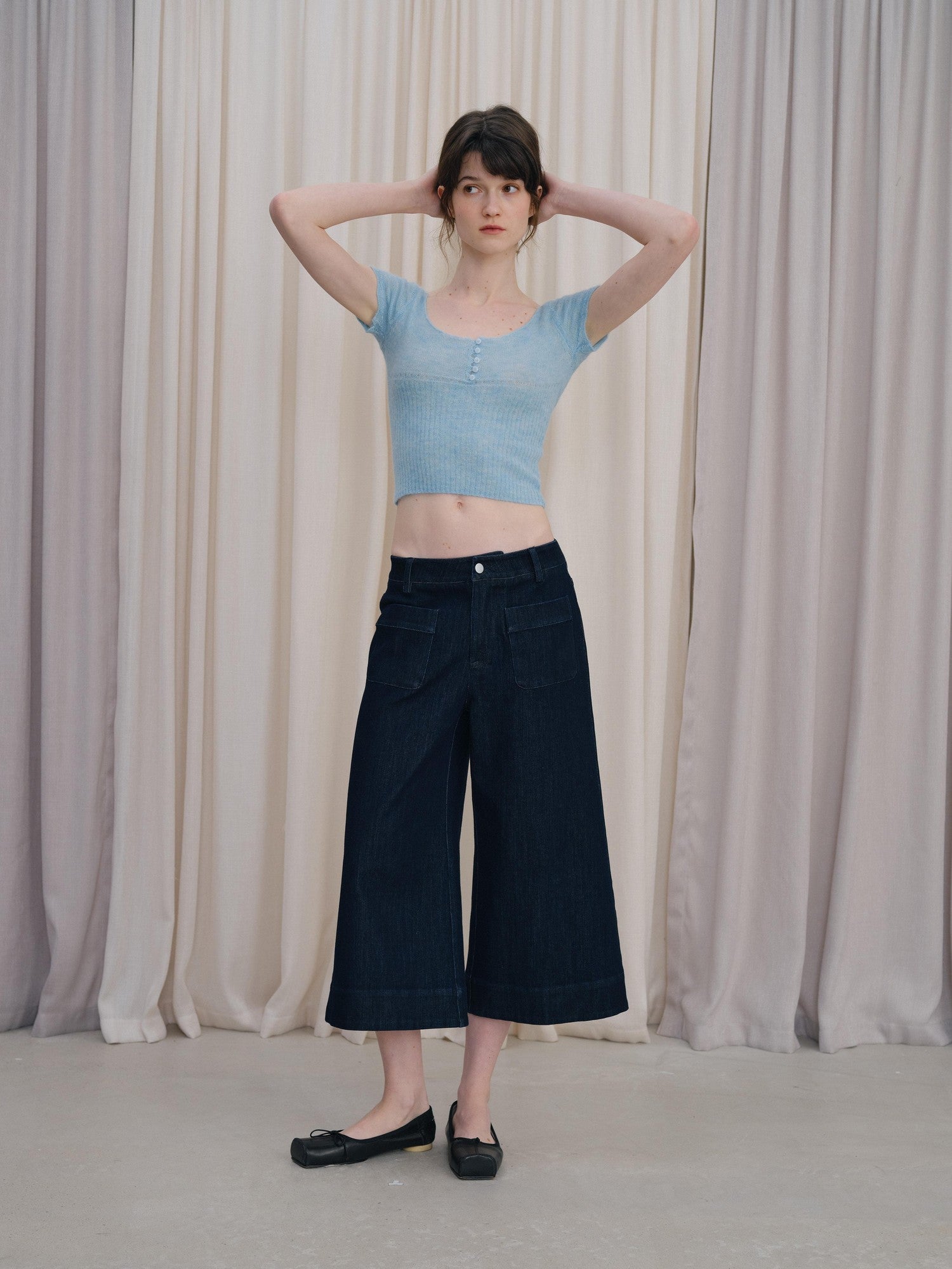 DKZ OFFICIAL Deep Blue Cropped Vintage Micro Flare Loose Button Pocket Women&