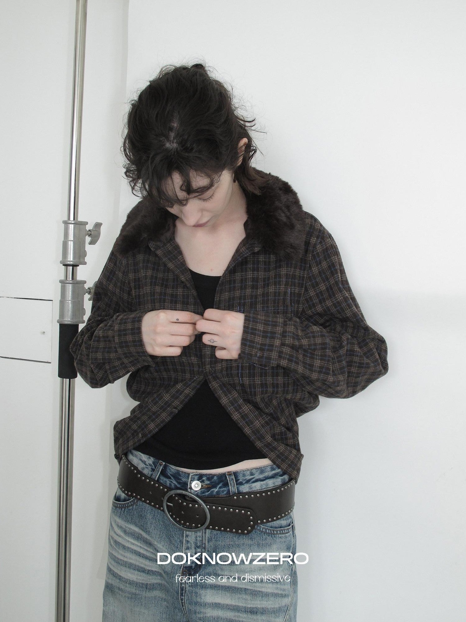 DKZ OFFICIAL Deep Brown Plaid Detachable Fur Vintage Women&