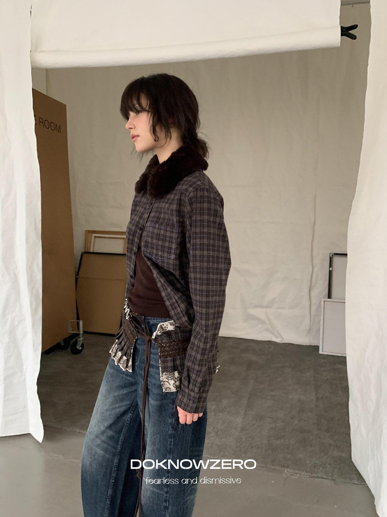 DKZ OFFICIAL Deep Brown Plaid Detachable Fur Vintage Women&