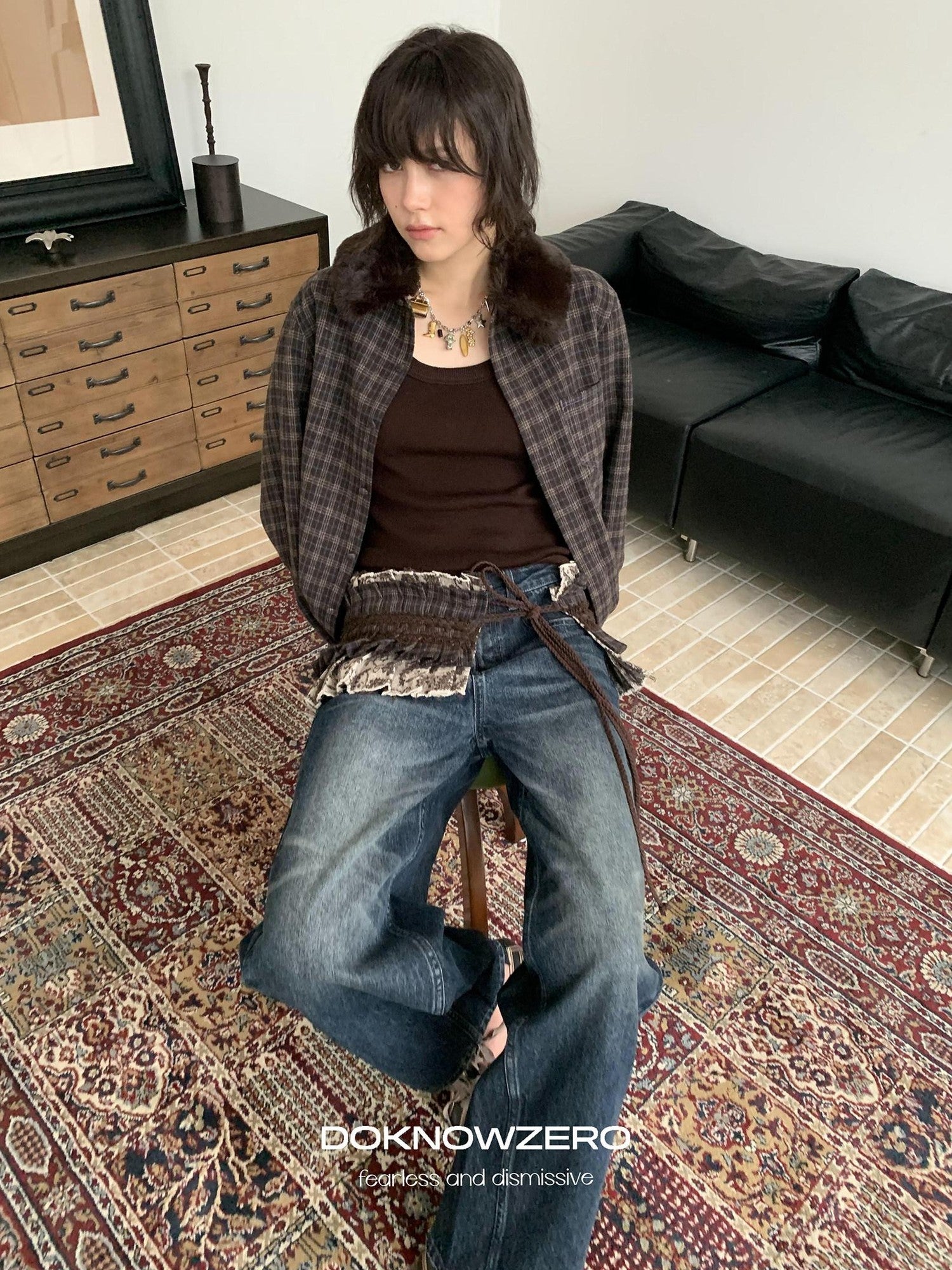 DKZ OFFICIAL Deep Brown Plaid Detachable Fur Vintage Women&