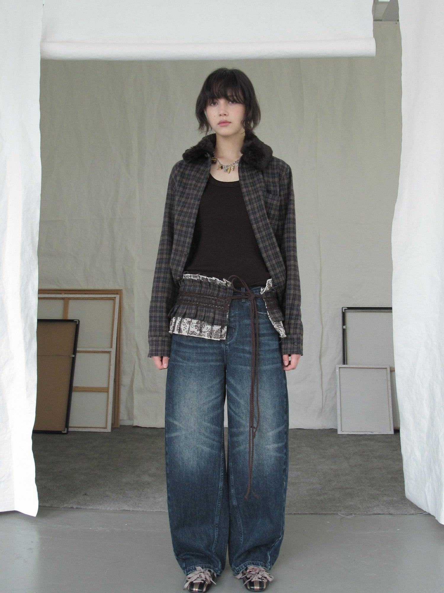 DKZ OFFICIAL Deep Brown Plaid Detachable Fur Vintage Women&