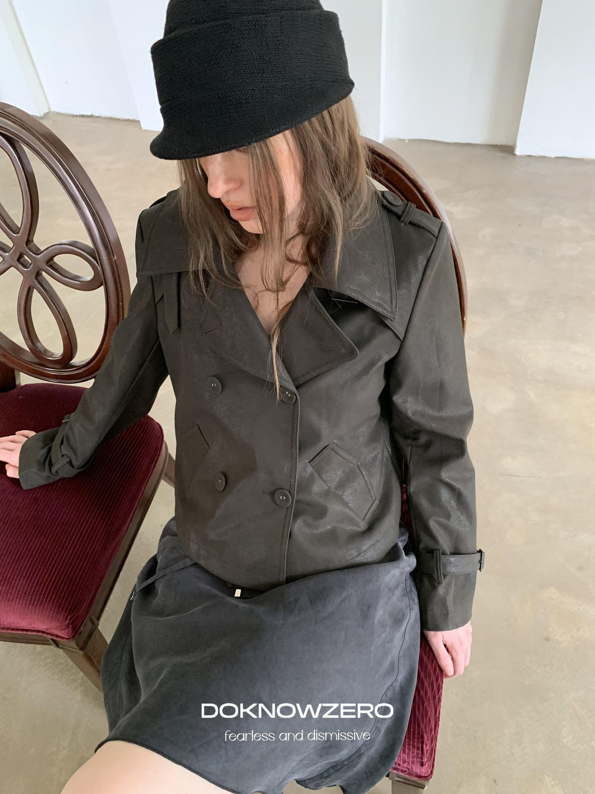 DKZ OFFICIAL Deep Brown Vintage Double Breasted Straight Cut Women&