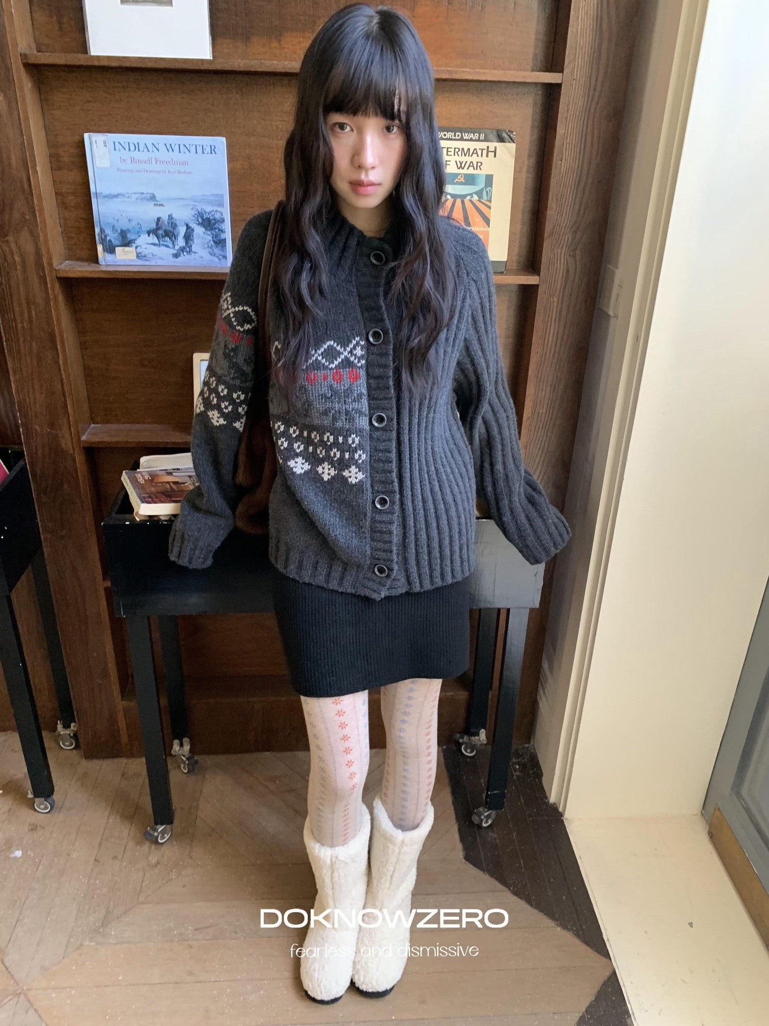 DKZ OFFICIAL Deep Gray Fair Isle Jacquard Print Women&