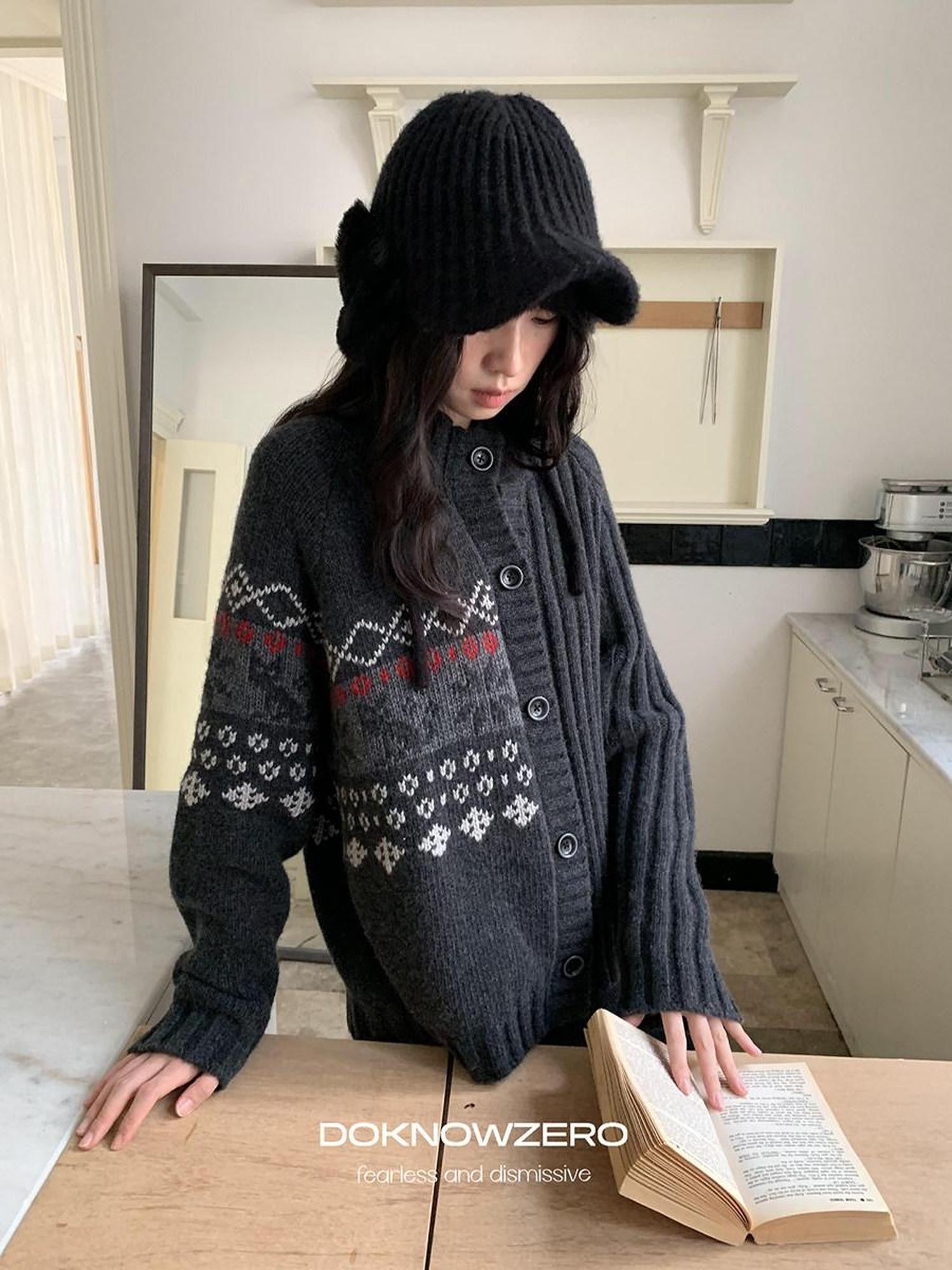 DKZ OFFICIAL Deep Gray Fair Isle Jacquard Print Women&