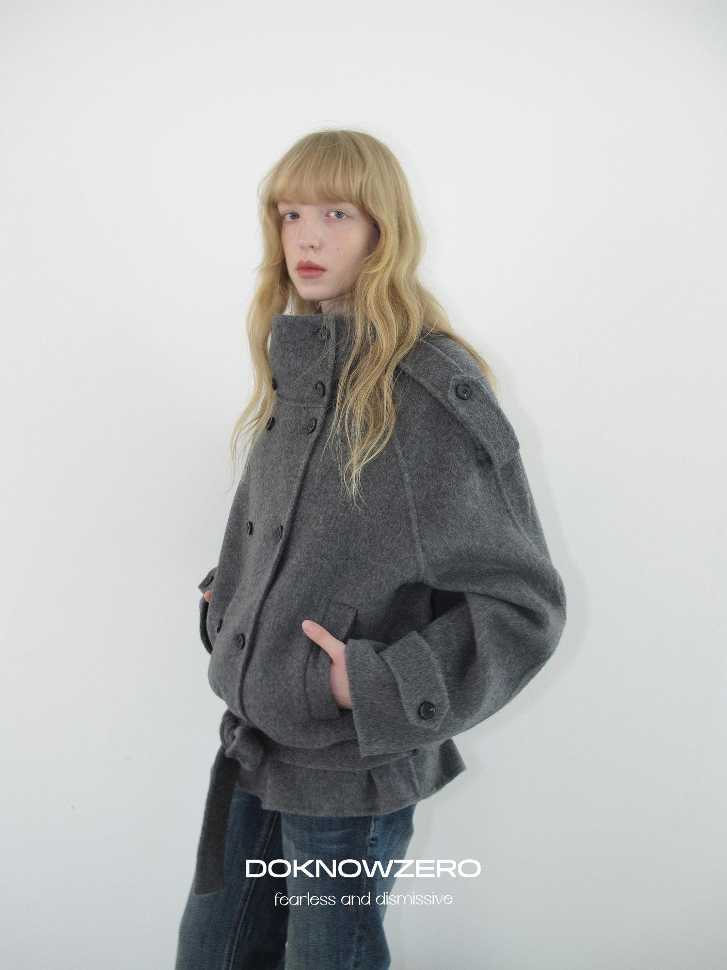 DKZ OFFICIAL Deep Gray Stand Collar Double Breasted Doubleface Women&