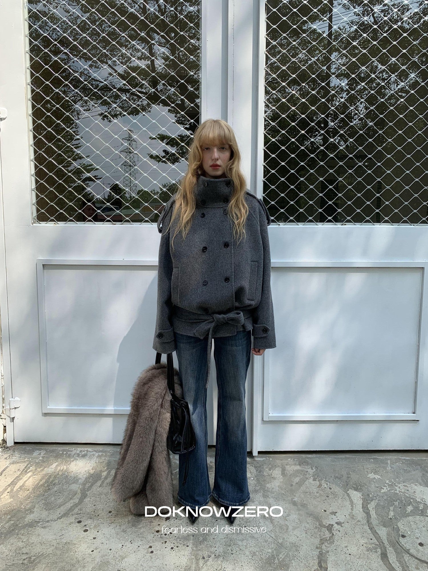 DKZ OFFICIAL Deep Gray Stand Collar Double Breasted Doubleface Women&