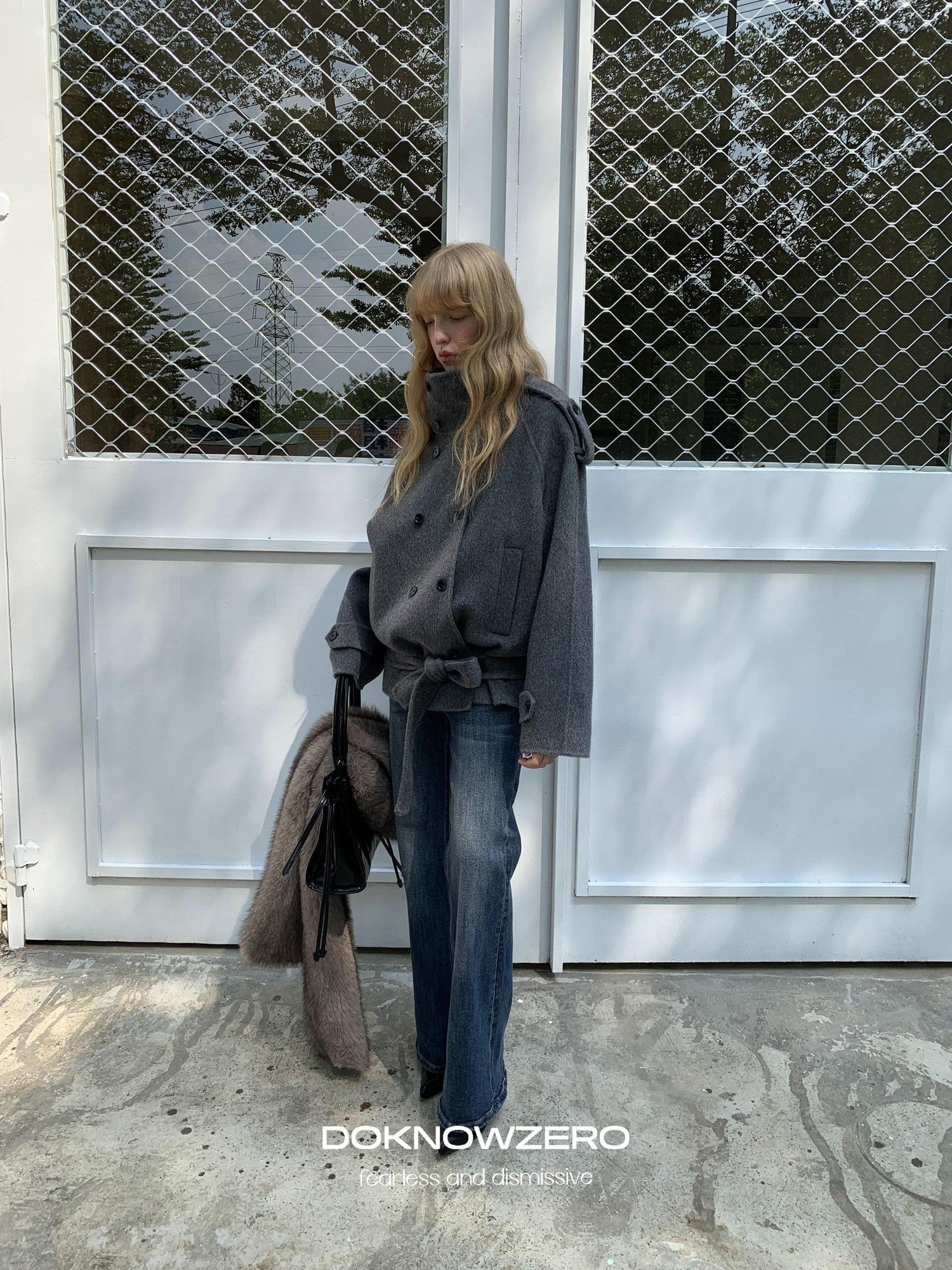 DKZ OFFICIAL Deep Gray Stand Collar Double Breasted Doubleface Women&