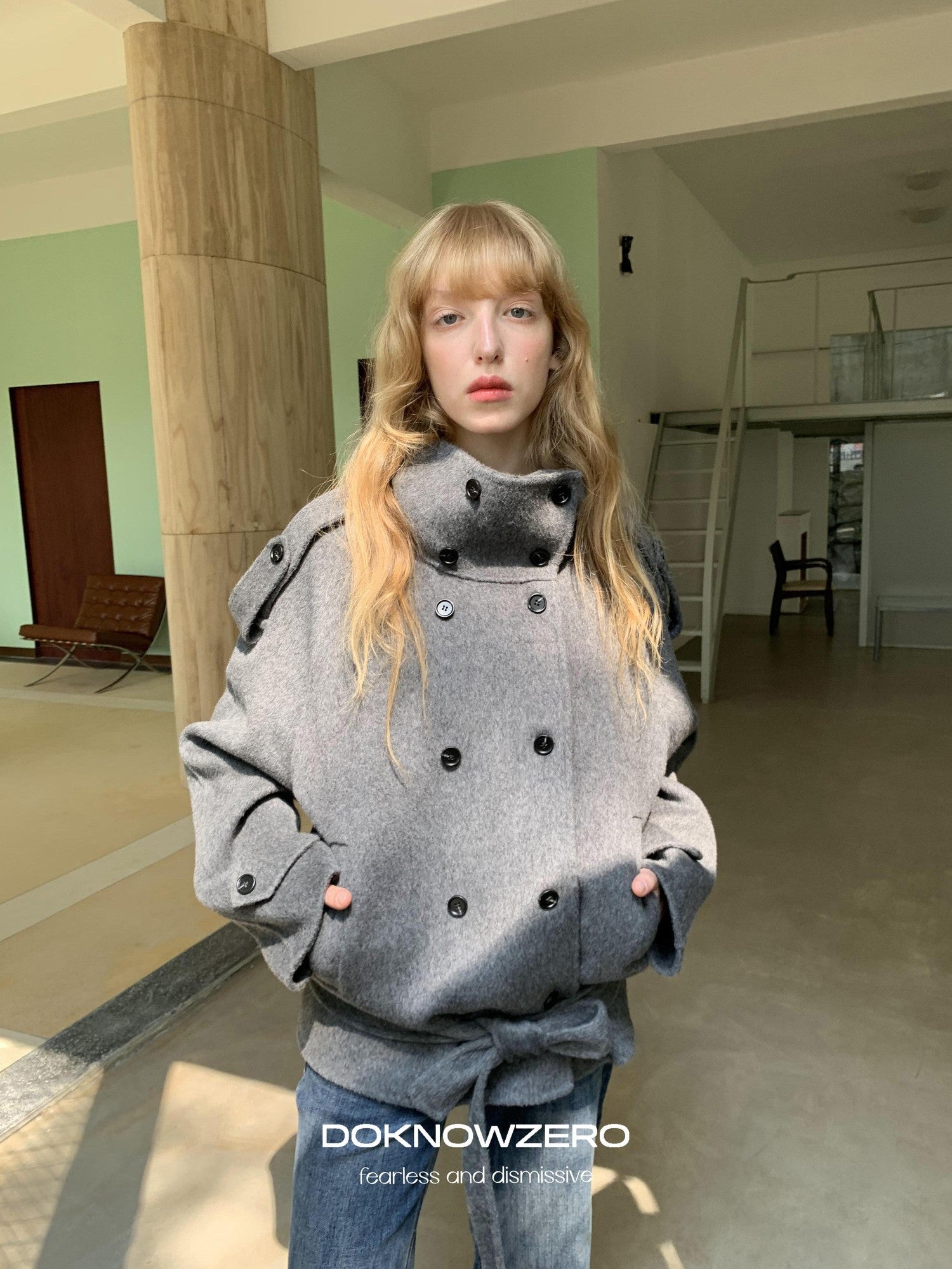DKZ OFFICIAL Deep Gray Stand Collar Double Breasted Doubleface Women&